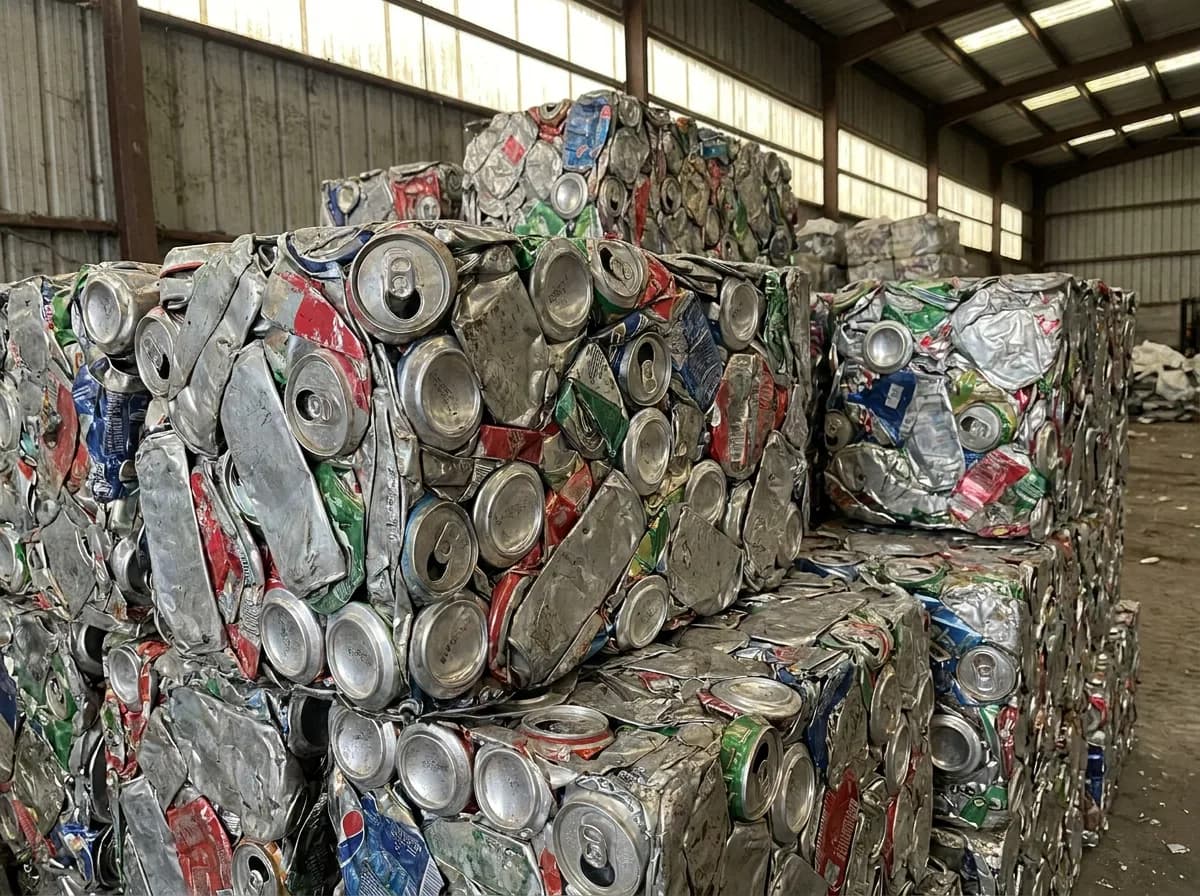 Densified used beverage can (UBC) bales and loose aluminium extrusion clippings at a sorting and consolidation yard