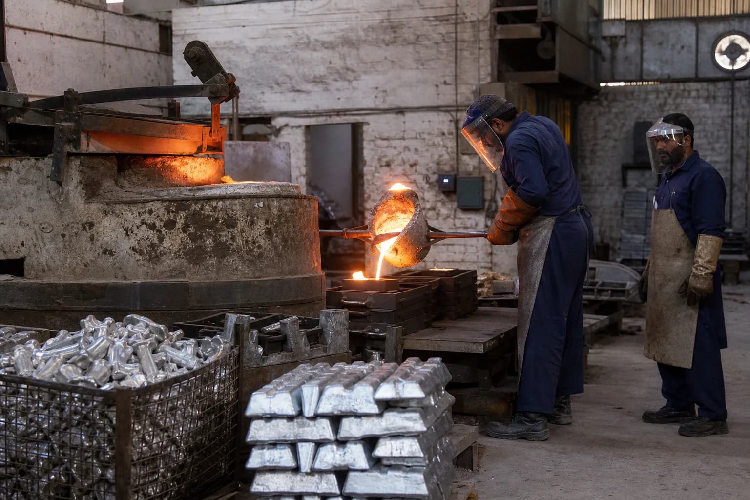 A controlled aluminium pour into foundry moulds