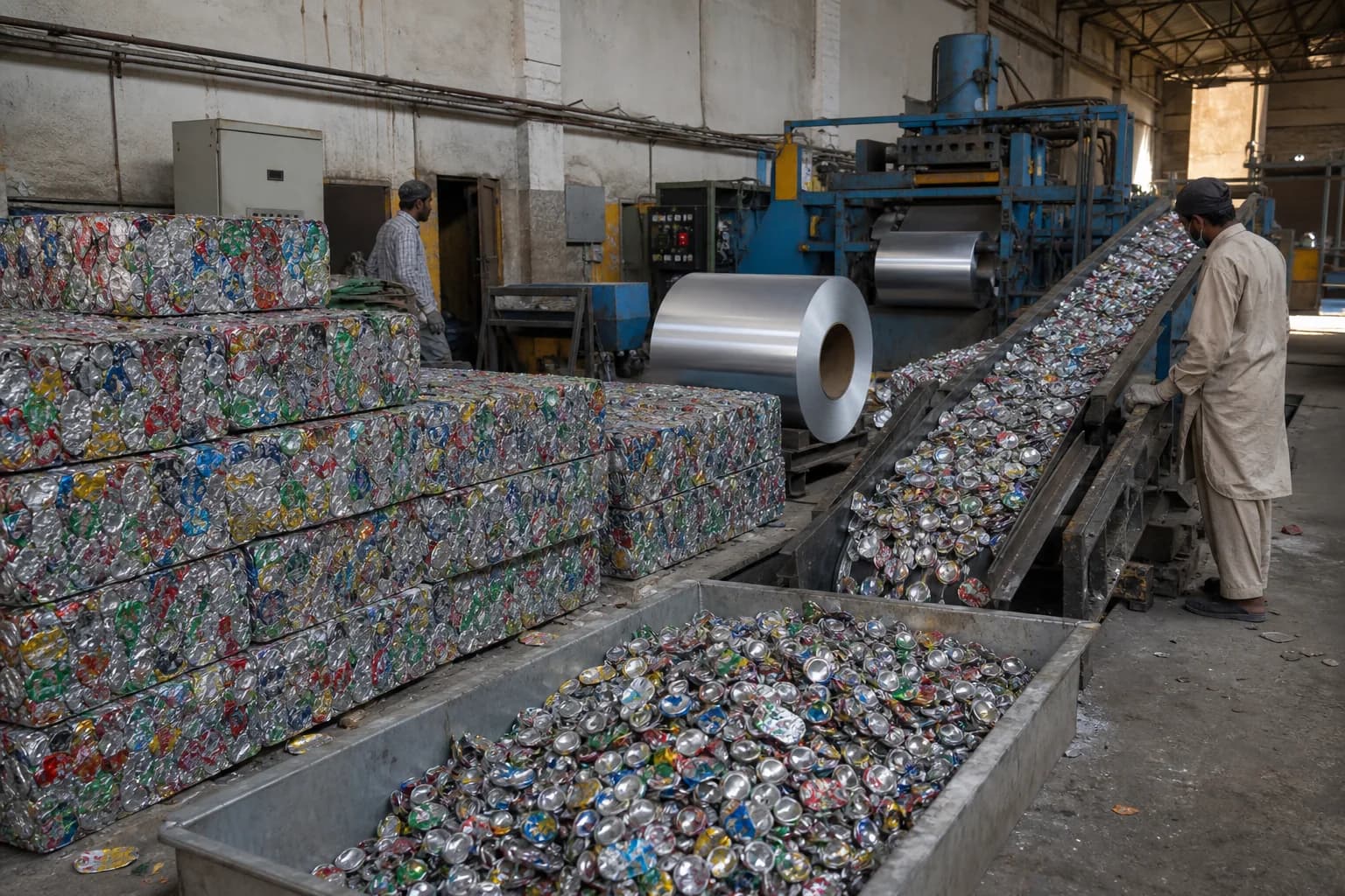 Recovered aluminium cans being prepared for remelting and rolled-stock production