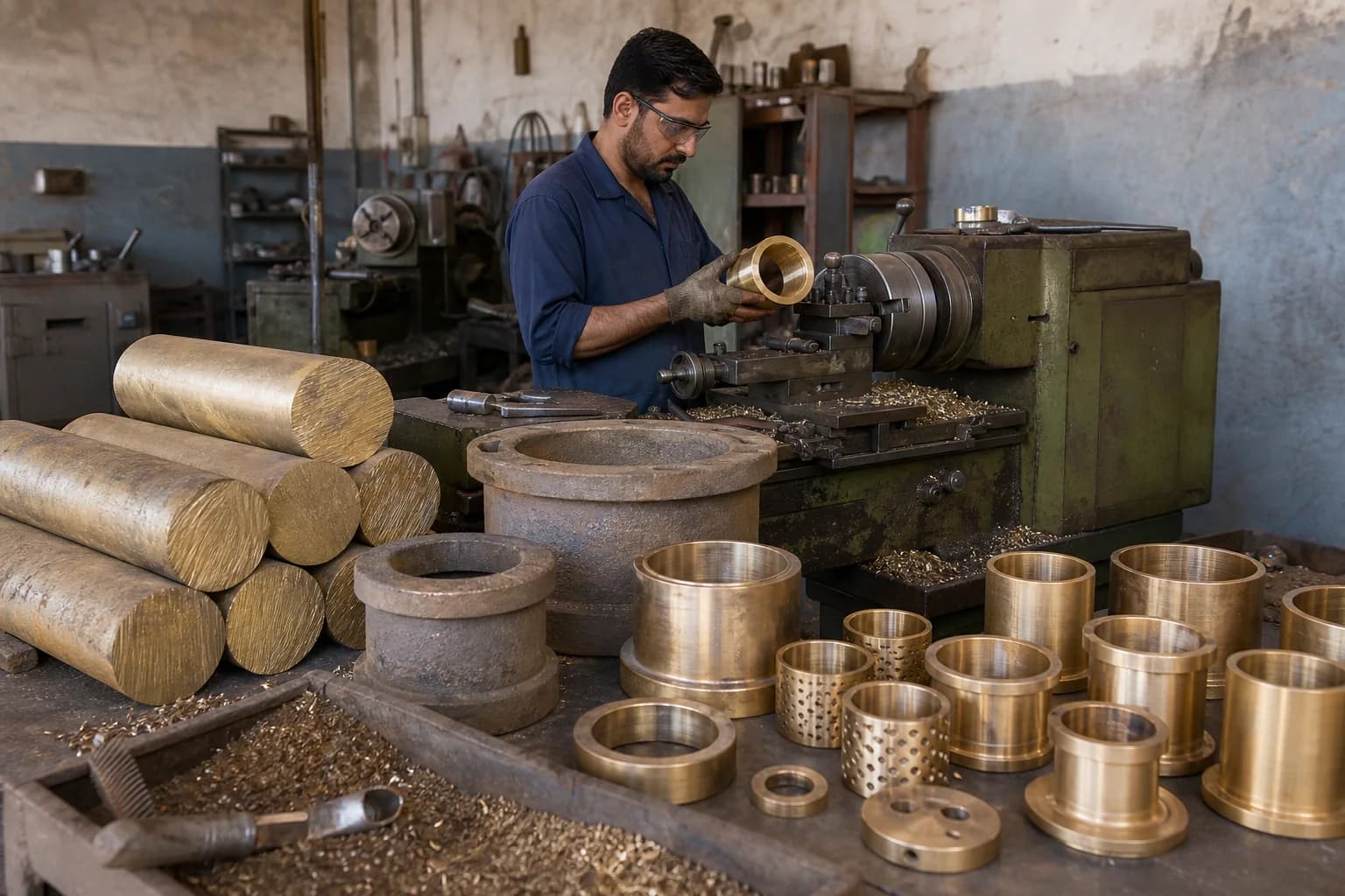 Brass and bronze bearing bushes being cast and machined