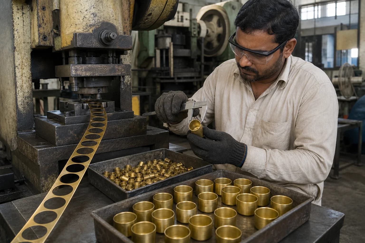 Empty brass cartridge-case cups moving through a conventional forming line