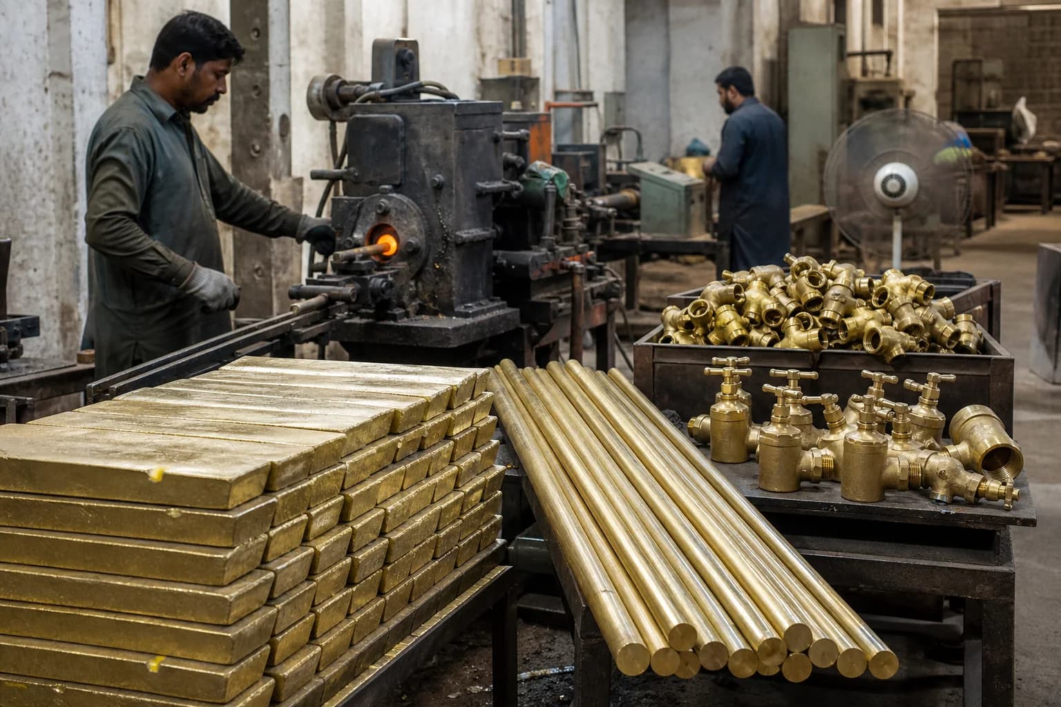 Brass ingot and rod being produced for plumbing fittings and valves