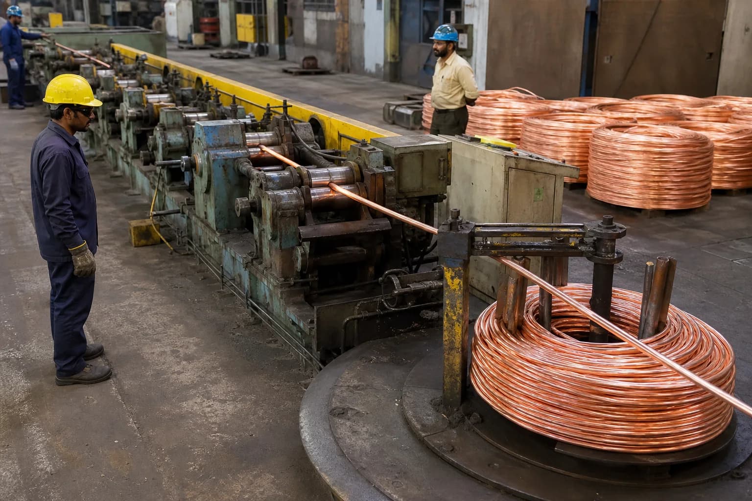 Copper rod formed into coils for heavy-gauge electrical conductor production