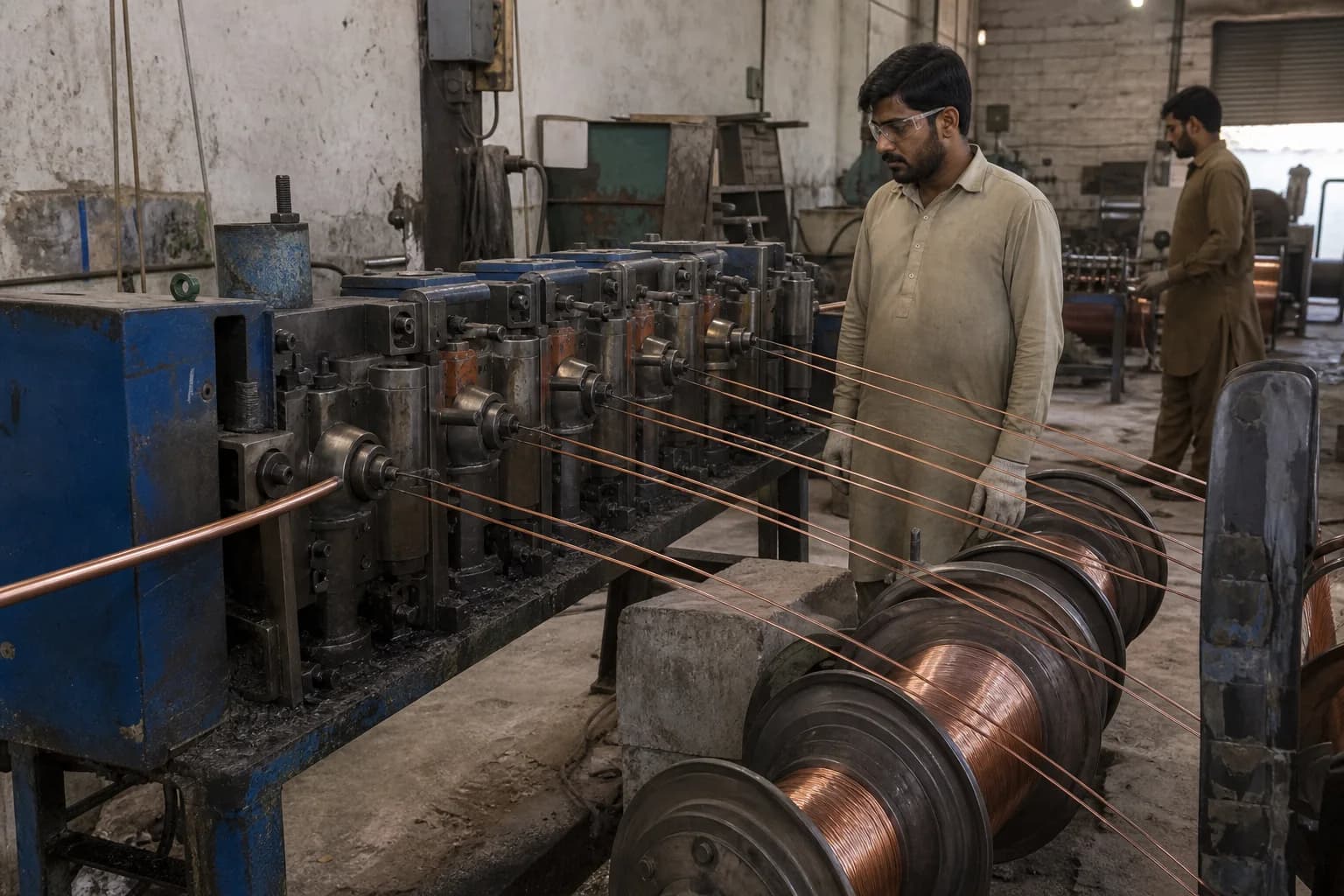Recovered copper passing through a conventional wire-drawing line