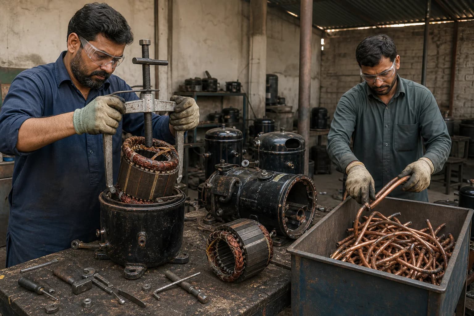 Copper windings and tubing being recovered from dismantled compressor units