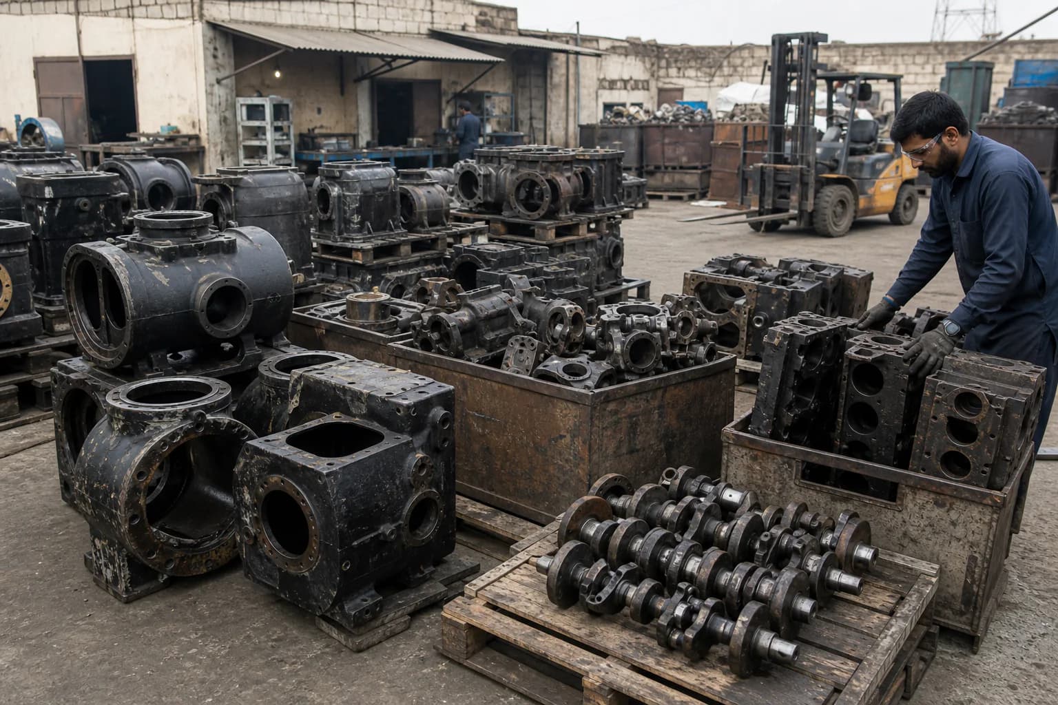 Steel compressor shells and frames grouped for ferrous recovery