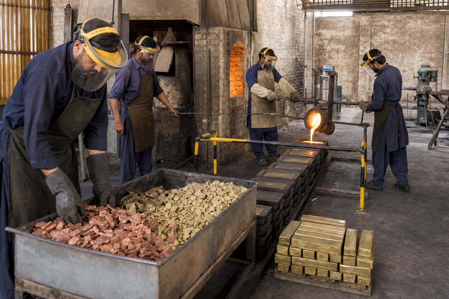 Workers preparing copper-bearing feedstock at a conventional brass foundry
