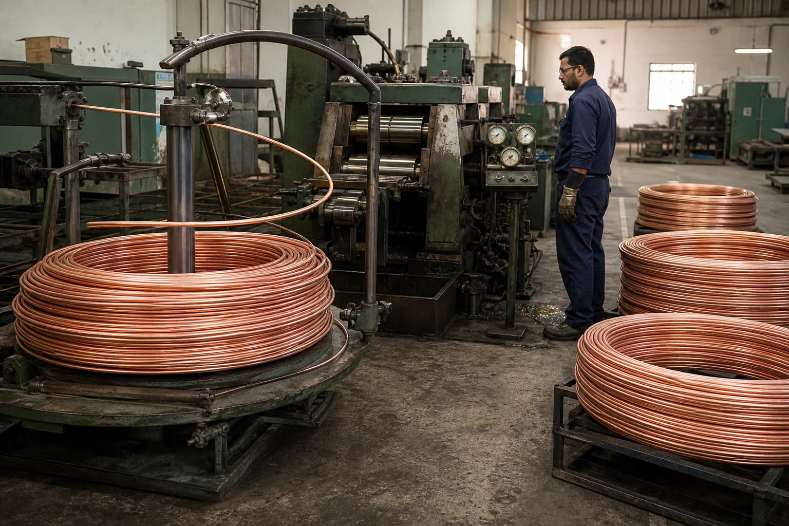 Freshly produced copper rod being formed into large coils
