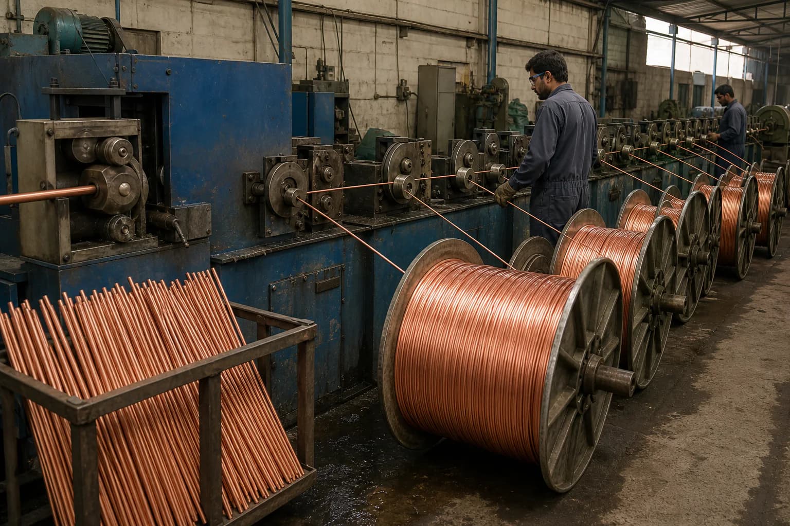 Copper conductors passing through a conventional wire-drawing line