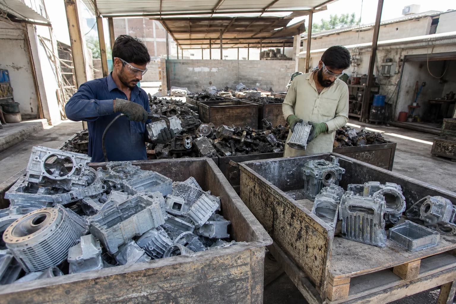 Aluminium industrial-equipment casings and components separated for recovery