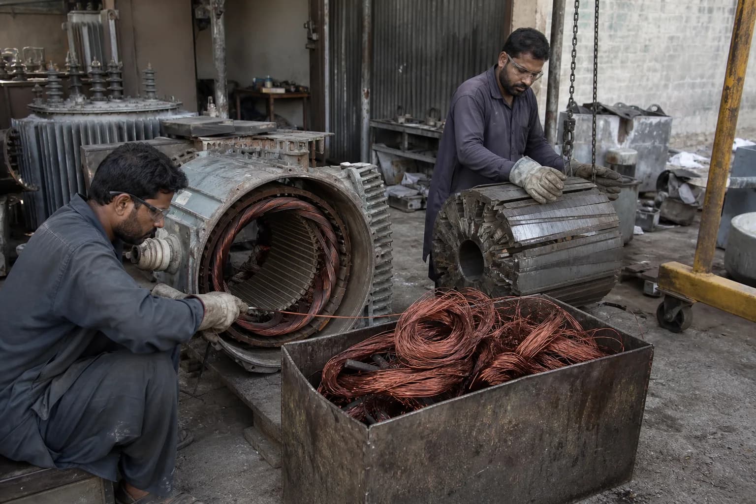 Copper windings and cores being recovered from transformers and generators