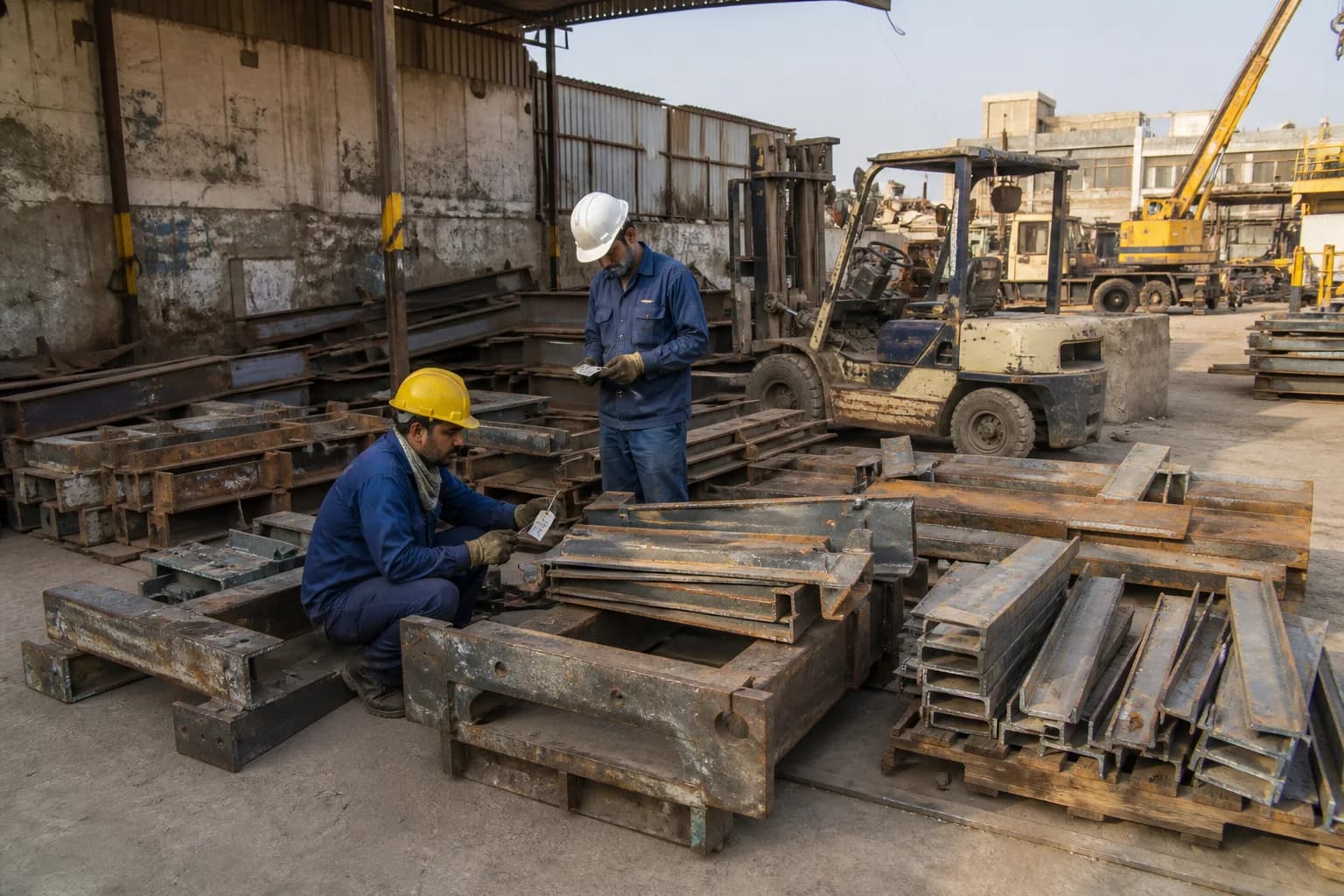 Industrial steel chassis and structural components sorted for ferrous recovery