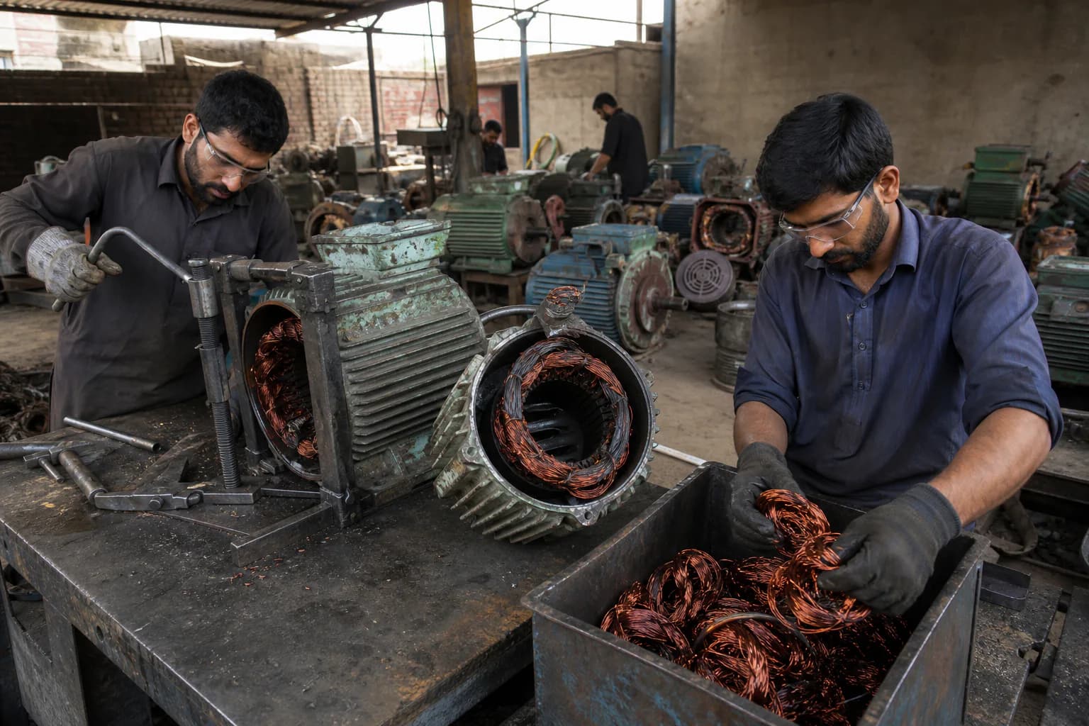 Workers removing copper windings from dismantled electric-motor stators