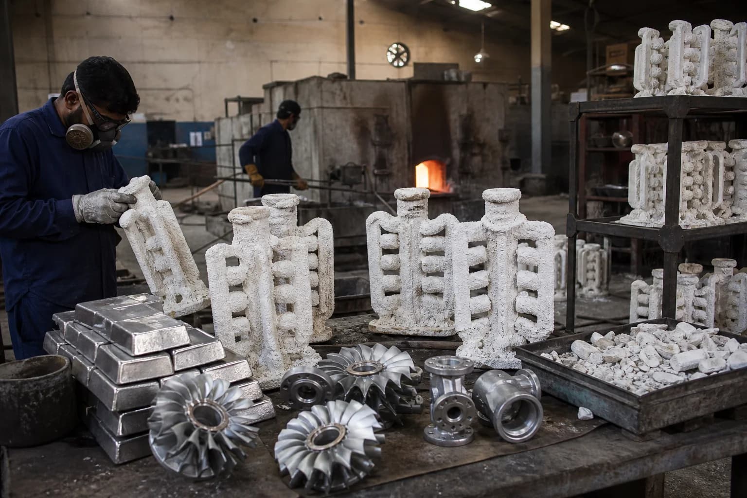 Workers handling ceramic moulds in a conventional investment-casting foundry