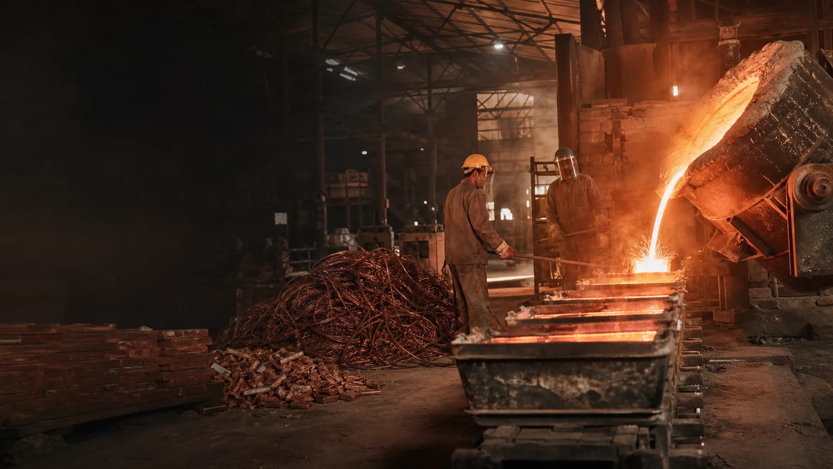 Recovered copper scrap beside a molten-copper pour into ingot moulds in a conventional Pakistani foundry