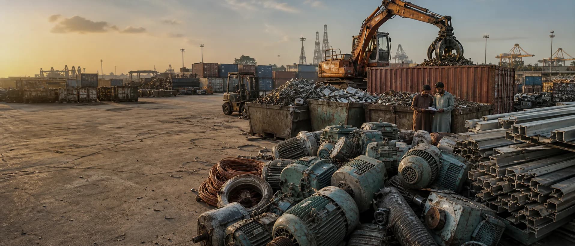 Mixed industrial equipment and recyclable metal staged in a Pakistani port-side yard