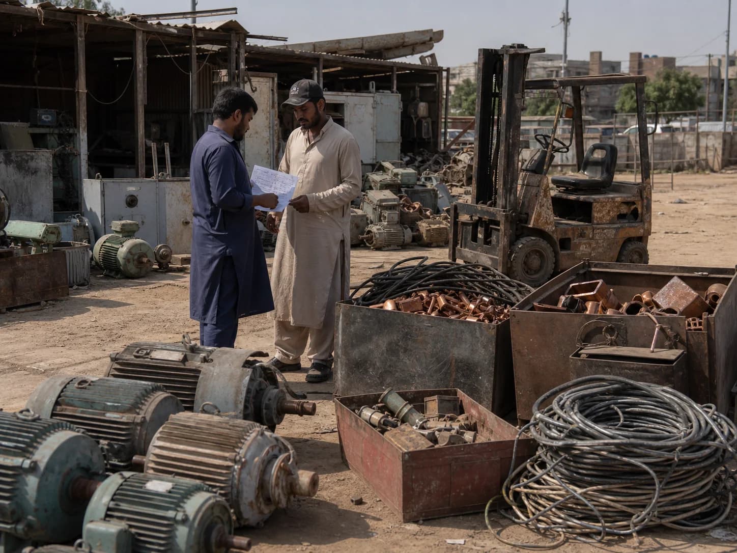 Two Pakistani yard workers reviewing a lot sheet among motors and recyclable metal