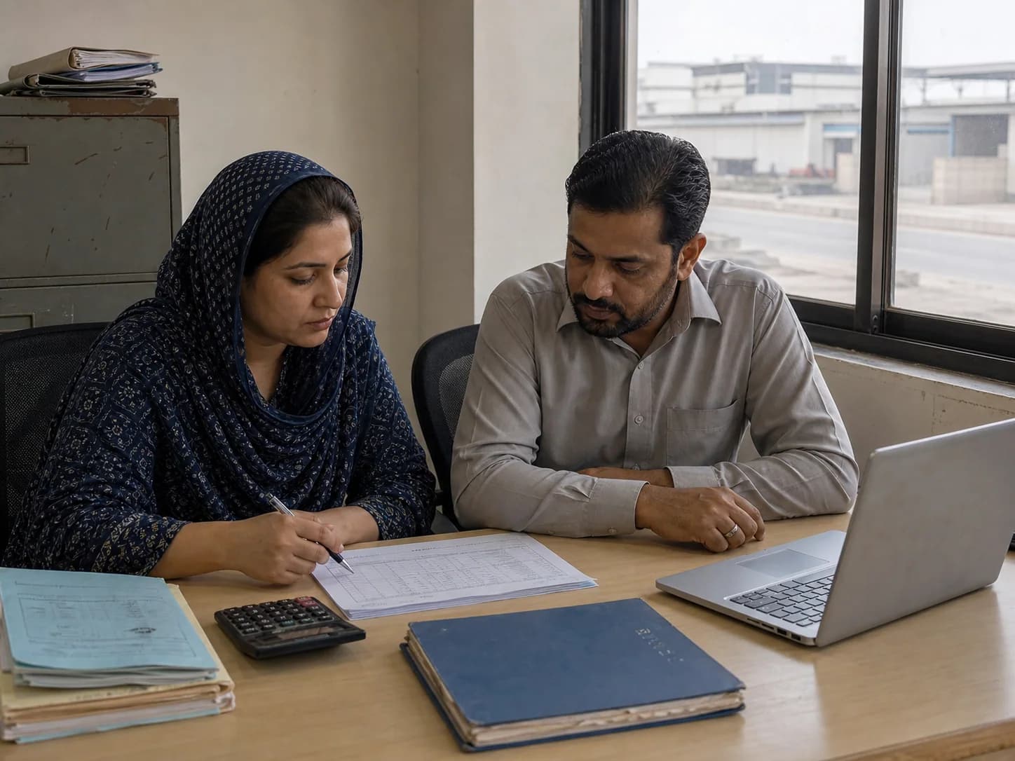 A practical commodity trading office in Karachi with shipping documents and ordinary computer equipment