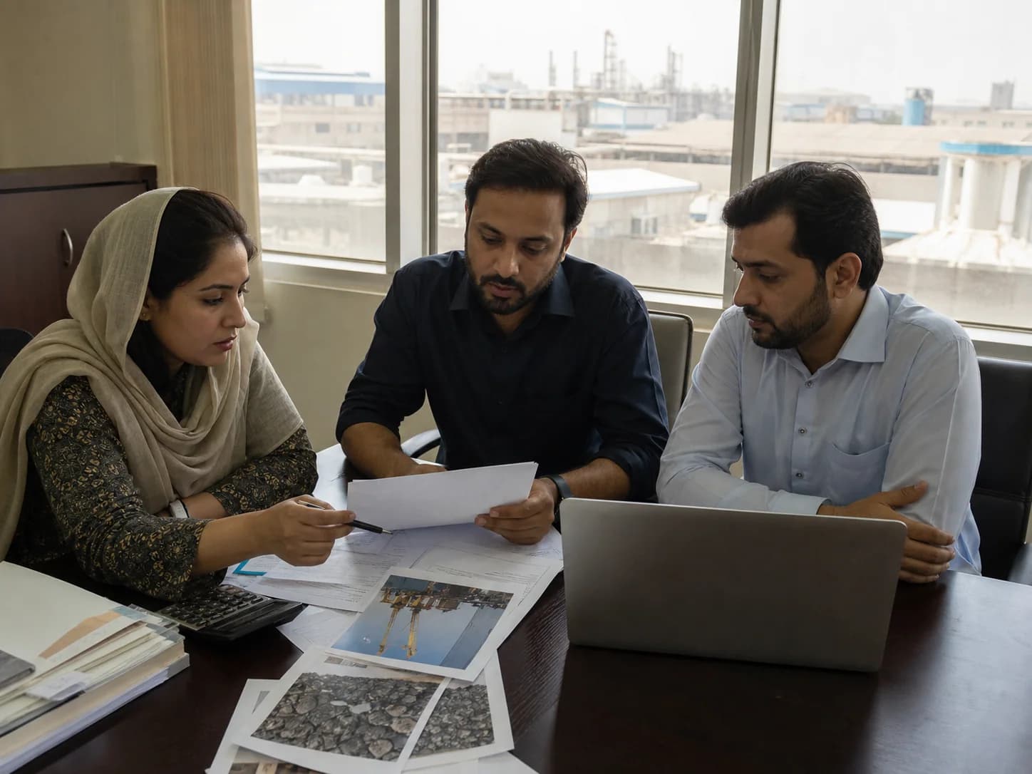 Pakistani trading team reviewing shipment papers in a Karachi office; illustrative
