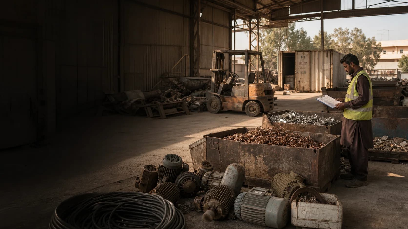 A conventional scrap-metal yard in Karachi with ordinary material handling, workers and segregated stock