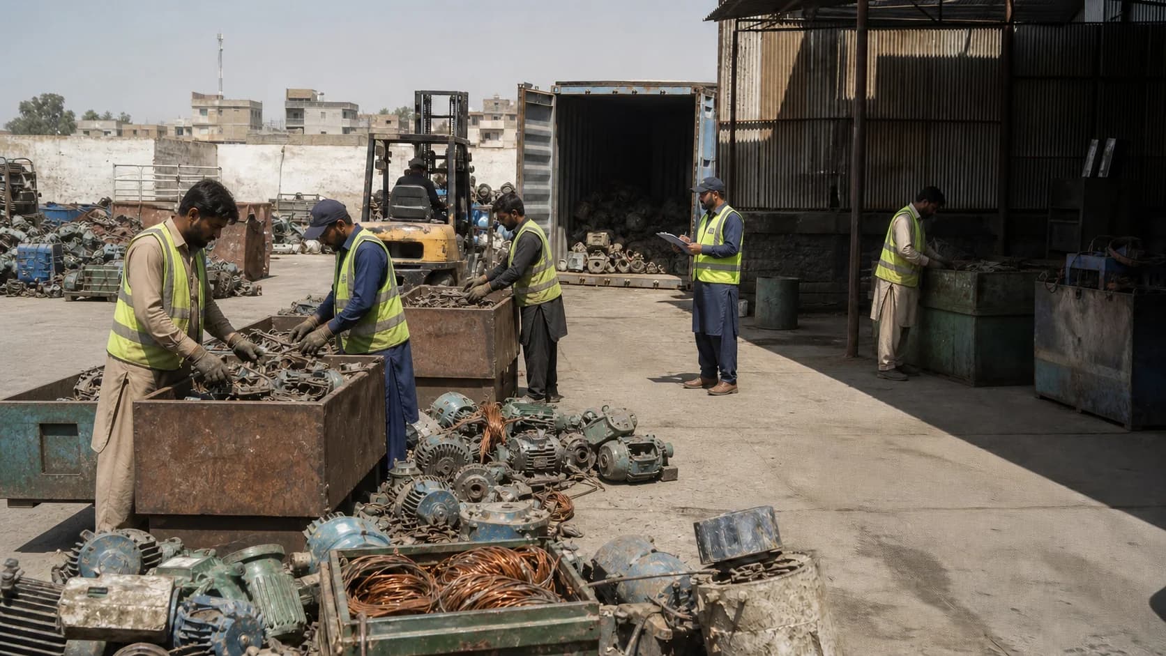 Illustrative conventional Karachi scrap yard with manual sorting, motors, forklift and container activity