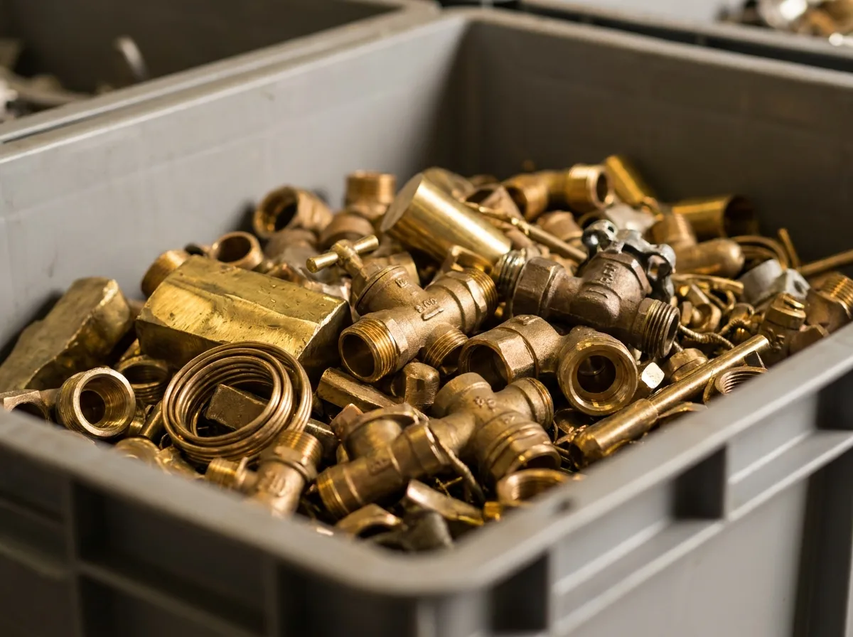 Yellow brass solids (ISRI Honey grade) and mixed brass castings sorted and staged at a recycling yard