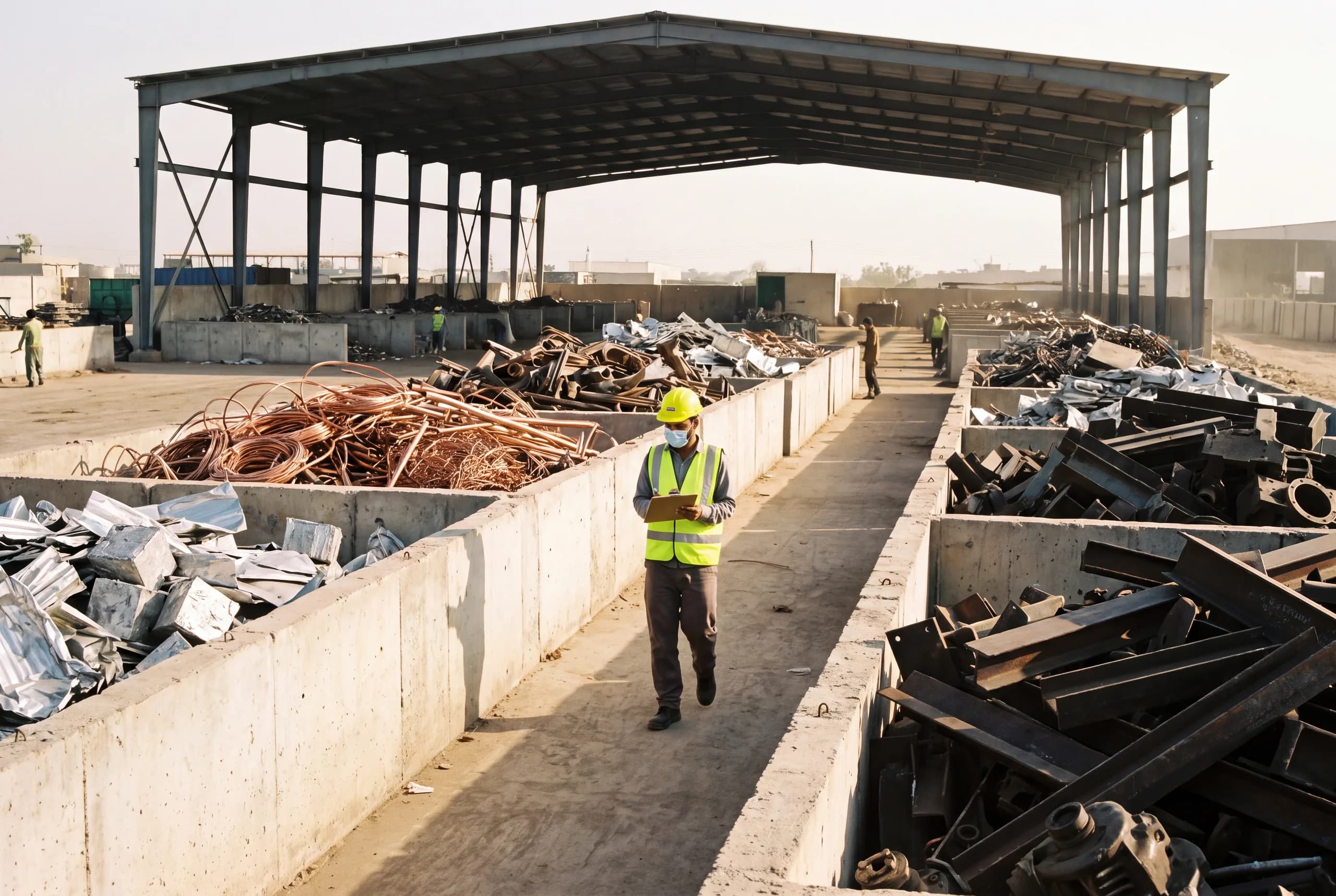 Segregated bays of graded copper, aluminium, stainless and ferrous scrap at a Pakistani facility, with a supervisor checking stock against a clipboard