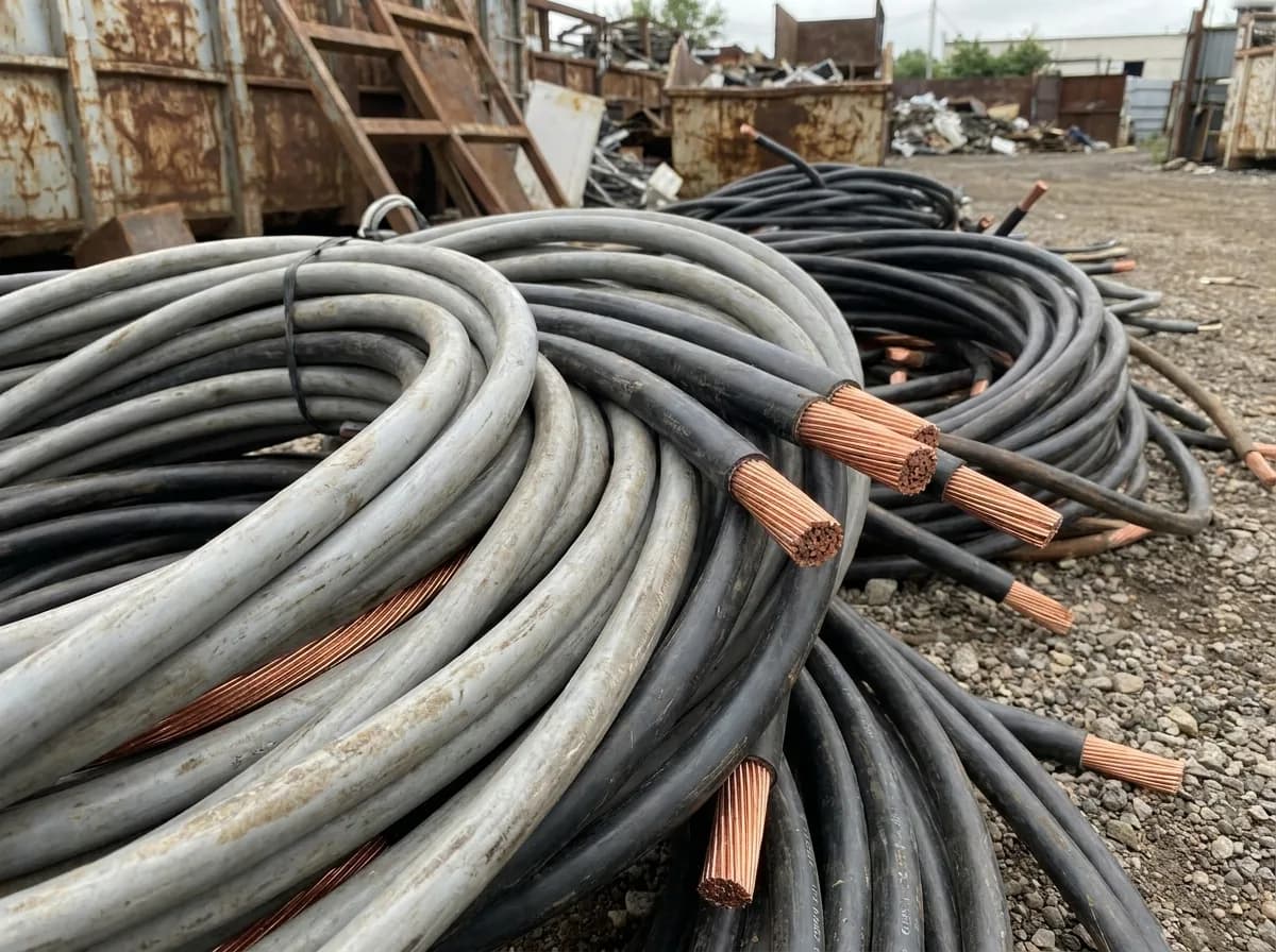 Coiled bundles of insulated copper cable from automotive wiring and industrial harnesses, staged for granulation