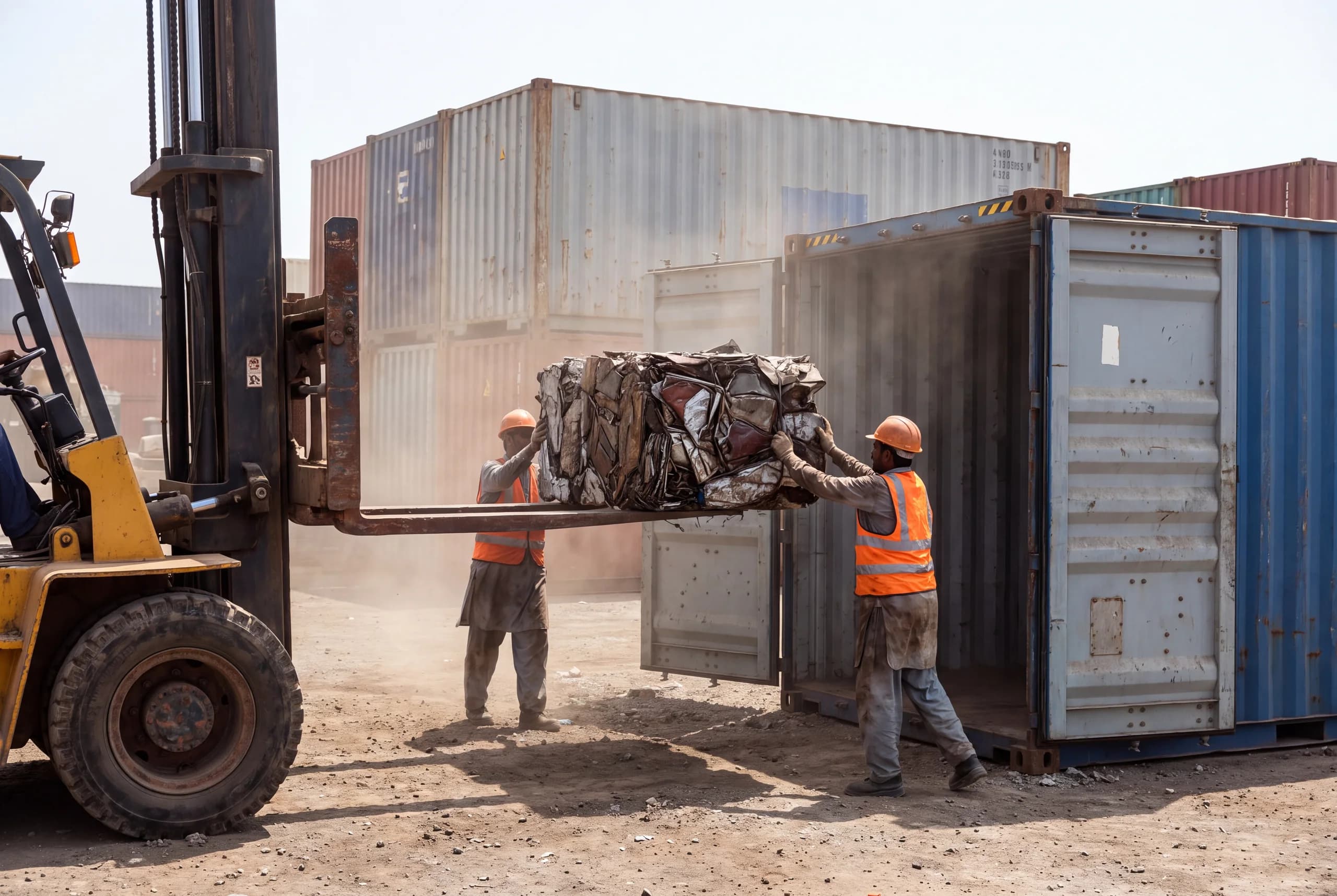 Forklift loading a compacted scrap bale into a 40-foot shipping container