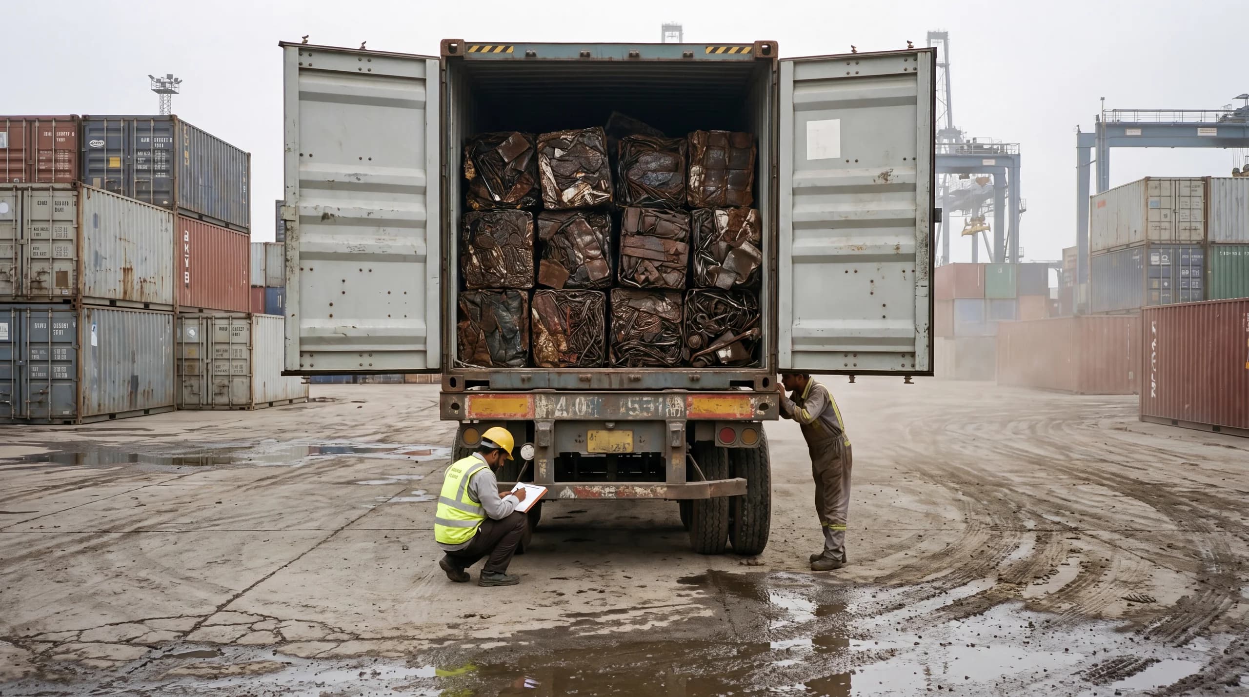 An open 40 ft shipping container on a trailer packed with baled ferrous scrap at a Pakistani port container yard, with a worker checking the load against paperwork