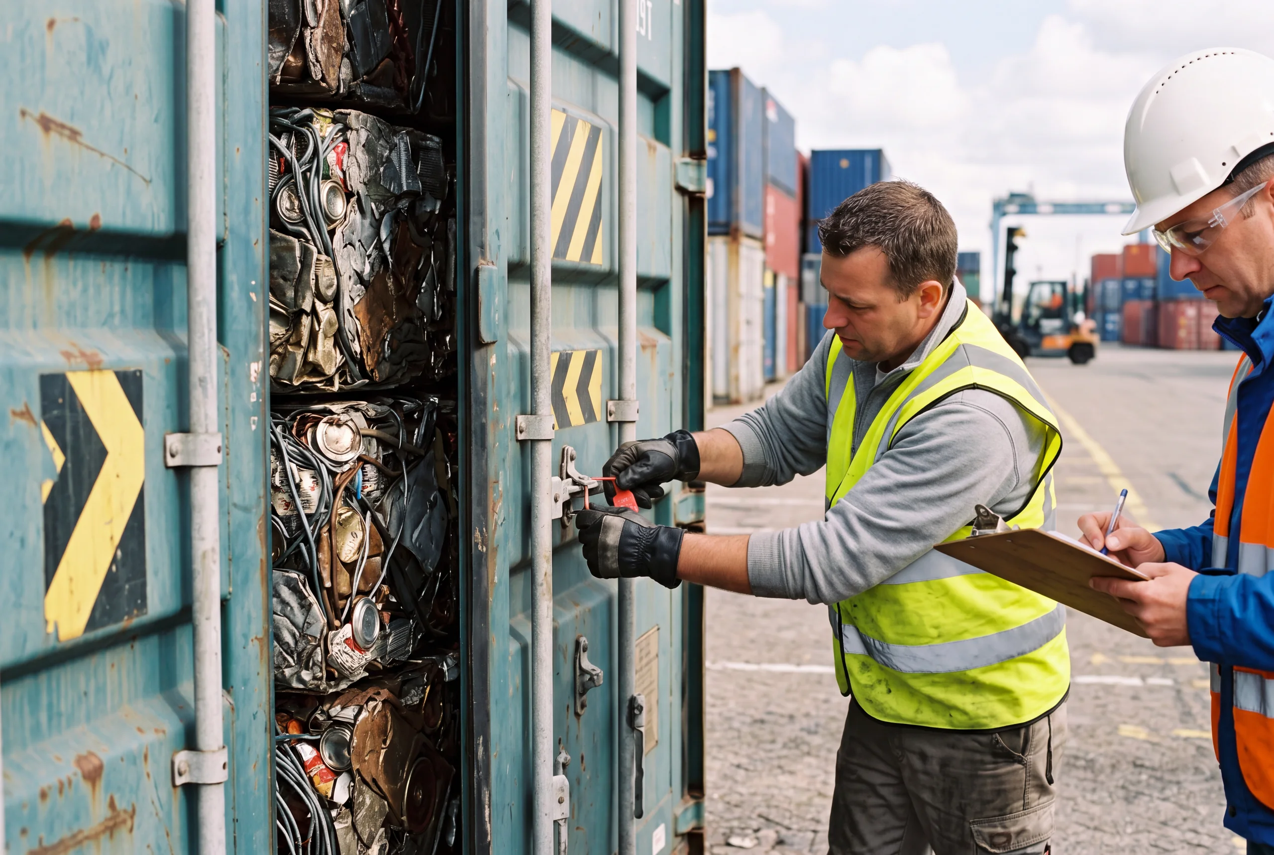 A worker fitting a numbered bolt seal to the door of a shipping container while a surveyor records the seal reference on a clipboard