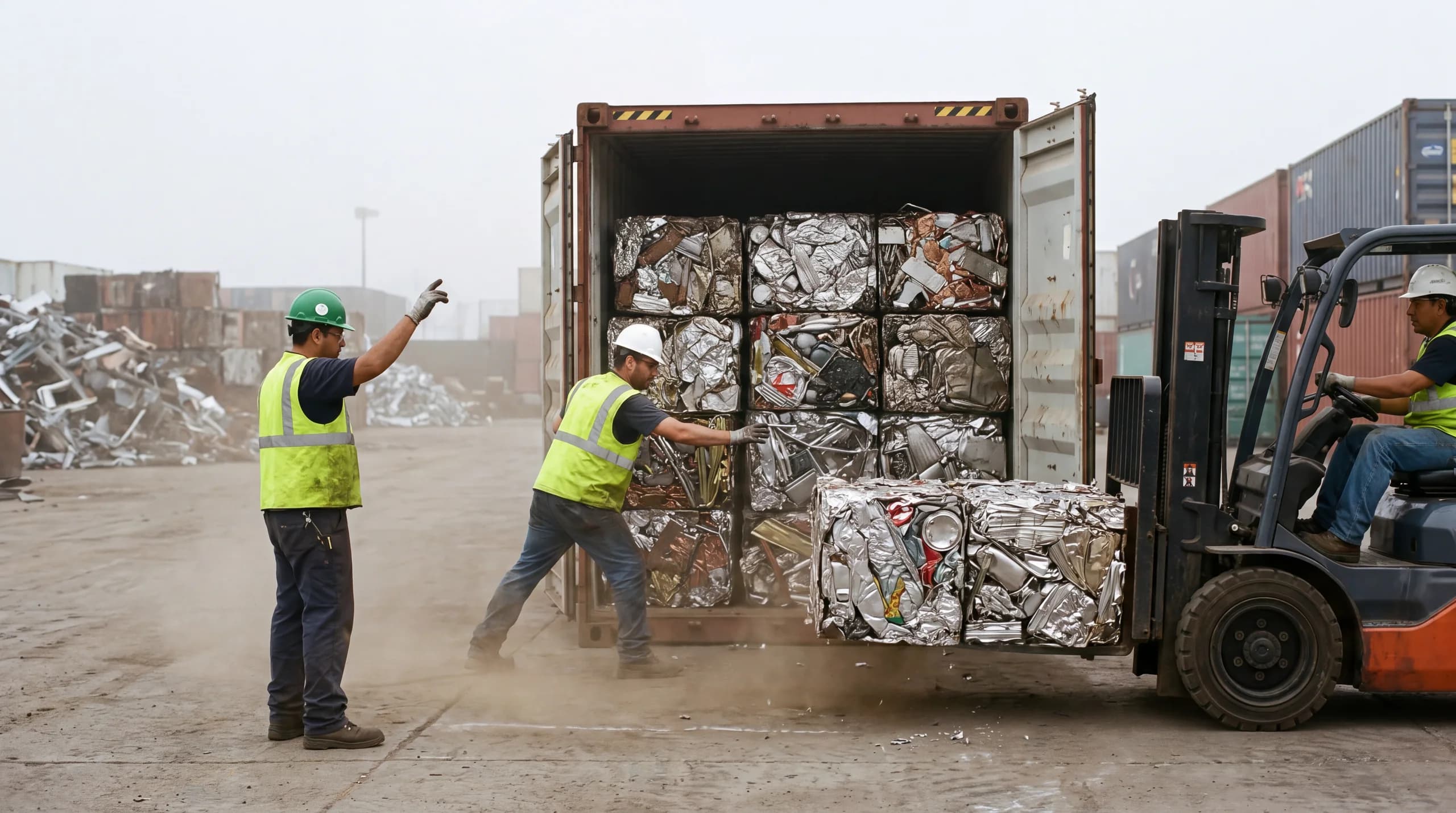 A 40 ft shipping container being loaded with baled scrap metal at an export facility; a forklift operator positions bales at the entrance while workers guide the load into position