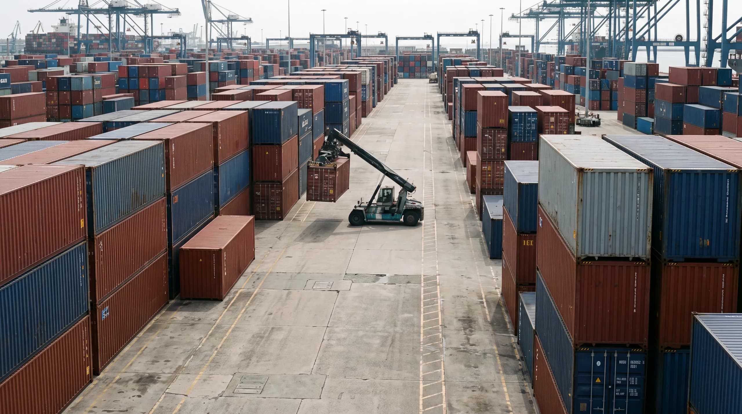 Rows of intermodal shipping containers stacked in a commercial container yard