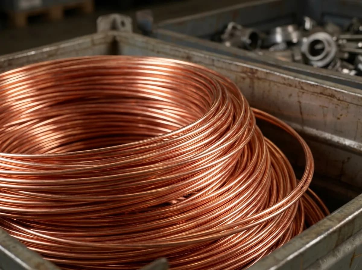 Coiled bare bright copper wire alongside heavy copper pipe offcuts and fittings sorted for export
