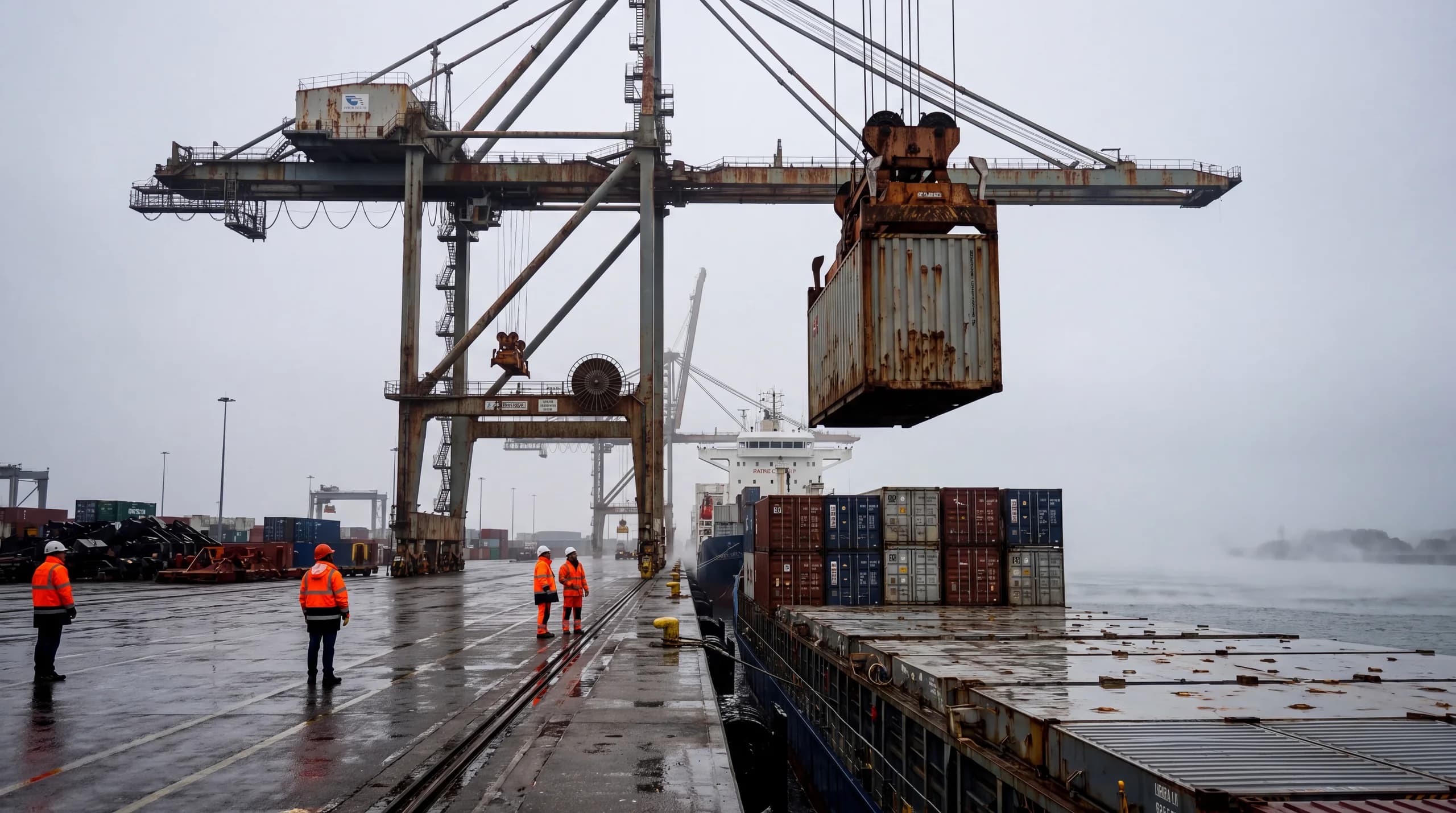 A ship-to-shore gantry crane lifting a shipping container onto a vessel at an international container terminal