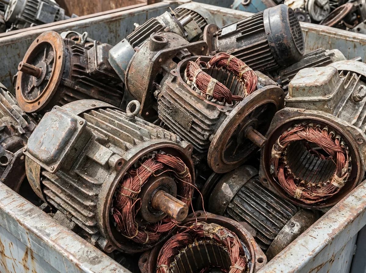 Industrial copper-wound AC electric motors of mixed sizes staged for container loading