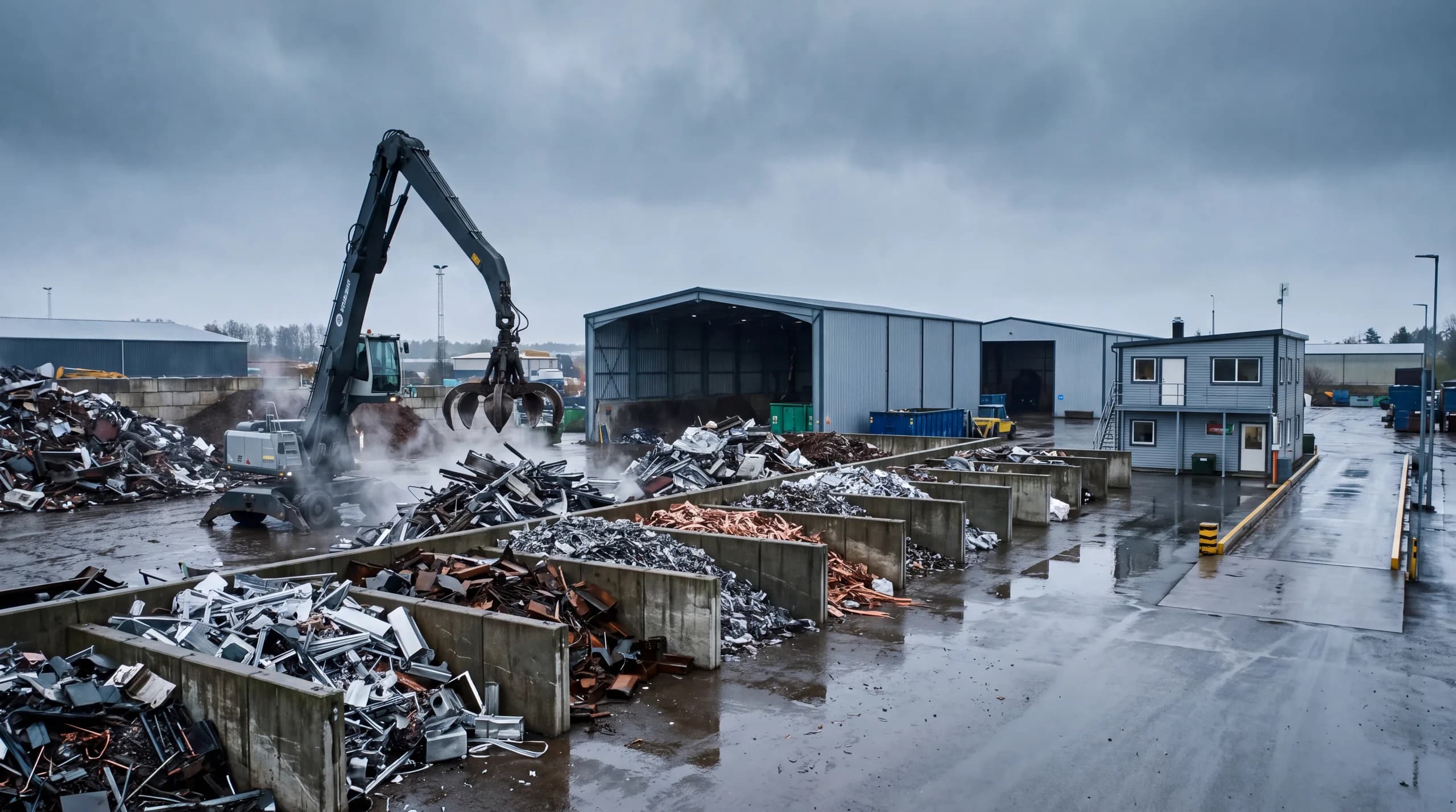 A scrap metal processing yard with graded material sorted into bays, photographed from an elevated viewpoint