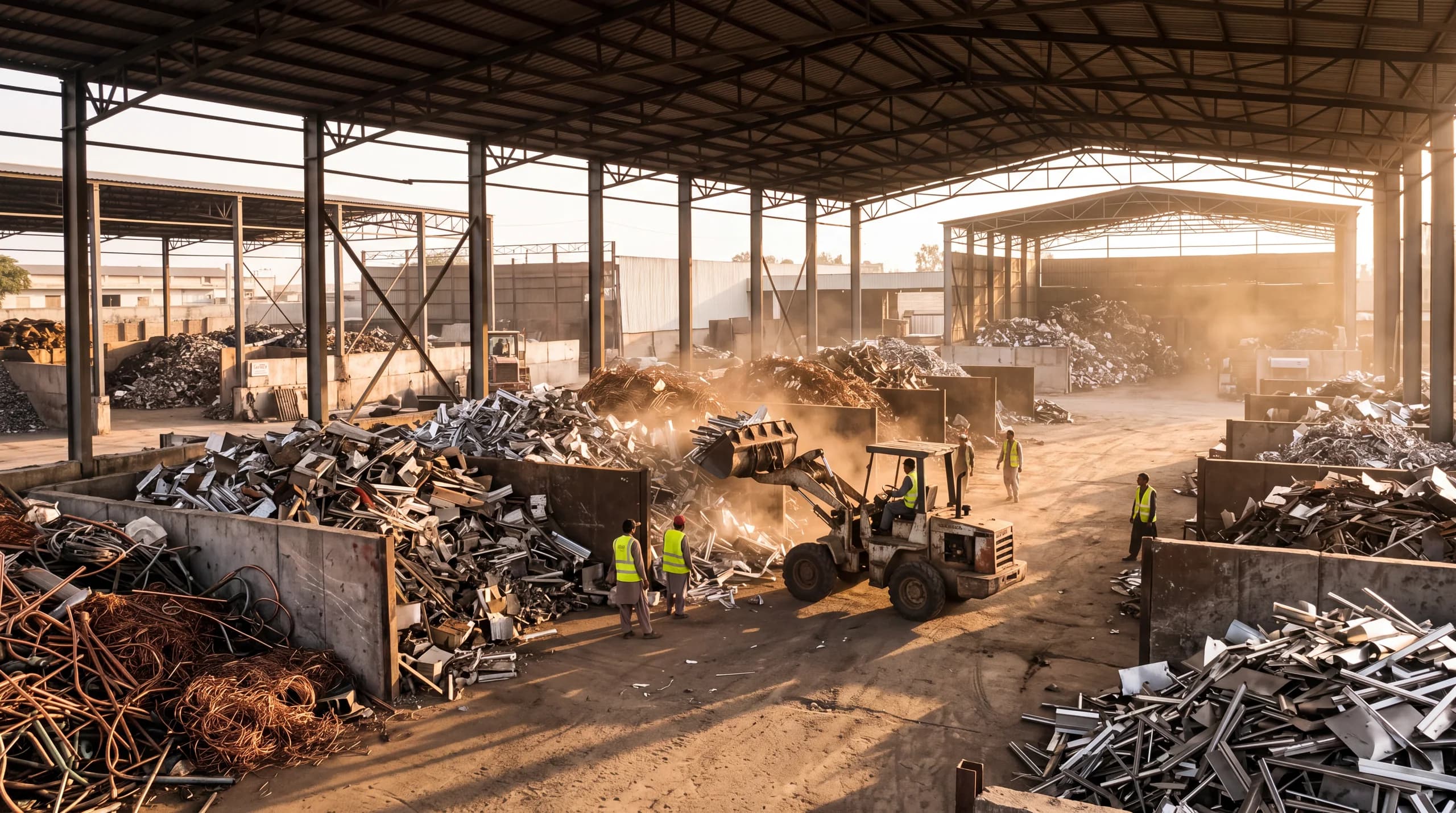 Segregated bays of sorted scrap metal under a steel shed at a processing facility