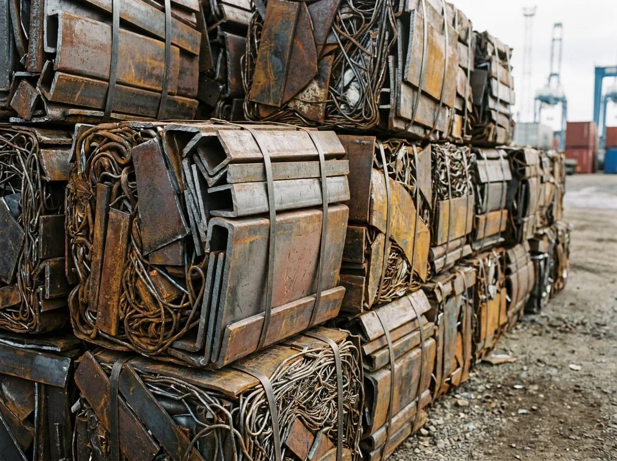 HMS 1 and HMS 2 baled ferrous scrap bundles stacked at an origin processing yard, prepared for container loading