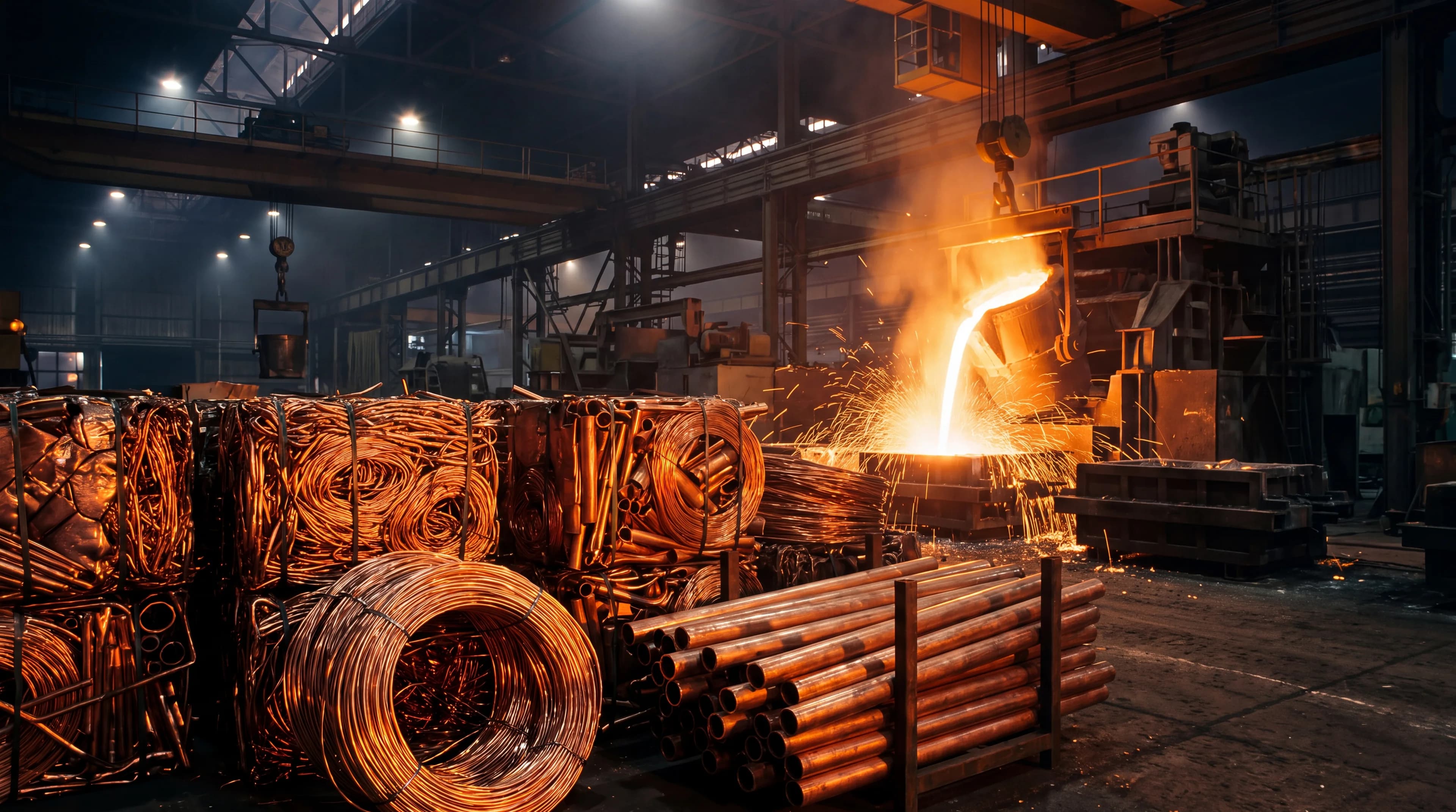 Molten copper being poured inside a metal recycling plant, with baled bare bright copper wire and heavy copper pipe stacked in the foreground
