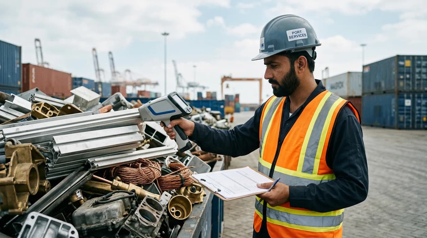 Third-party surveyor inspecting scrap metal cargo at a loading port