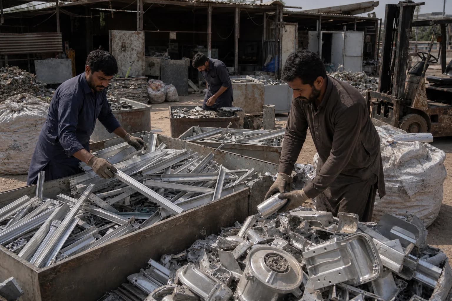 Illustrative scene of aluminium extrusion, sheet and cast offcuts sorted in a modest Karachi yard