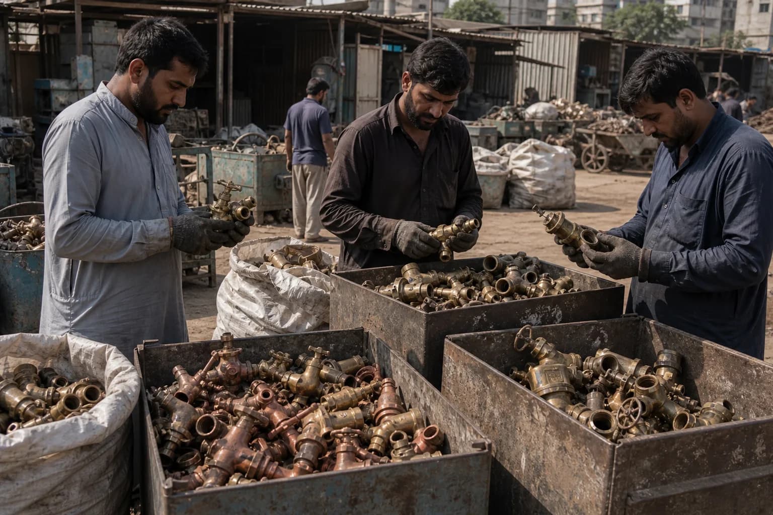 Illustrative scene of tarnished brass fittings, valves and castings sorted in a modest Karachi yard