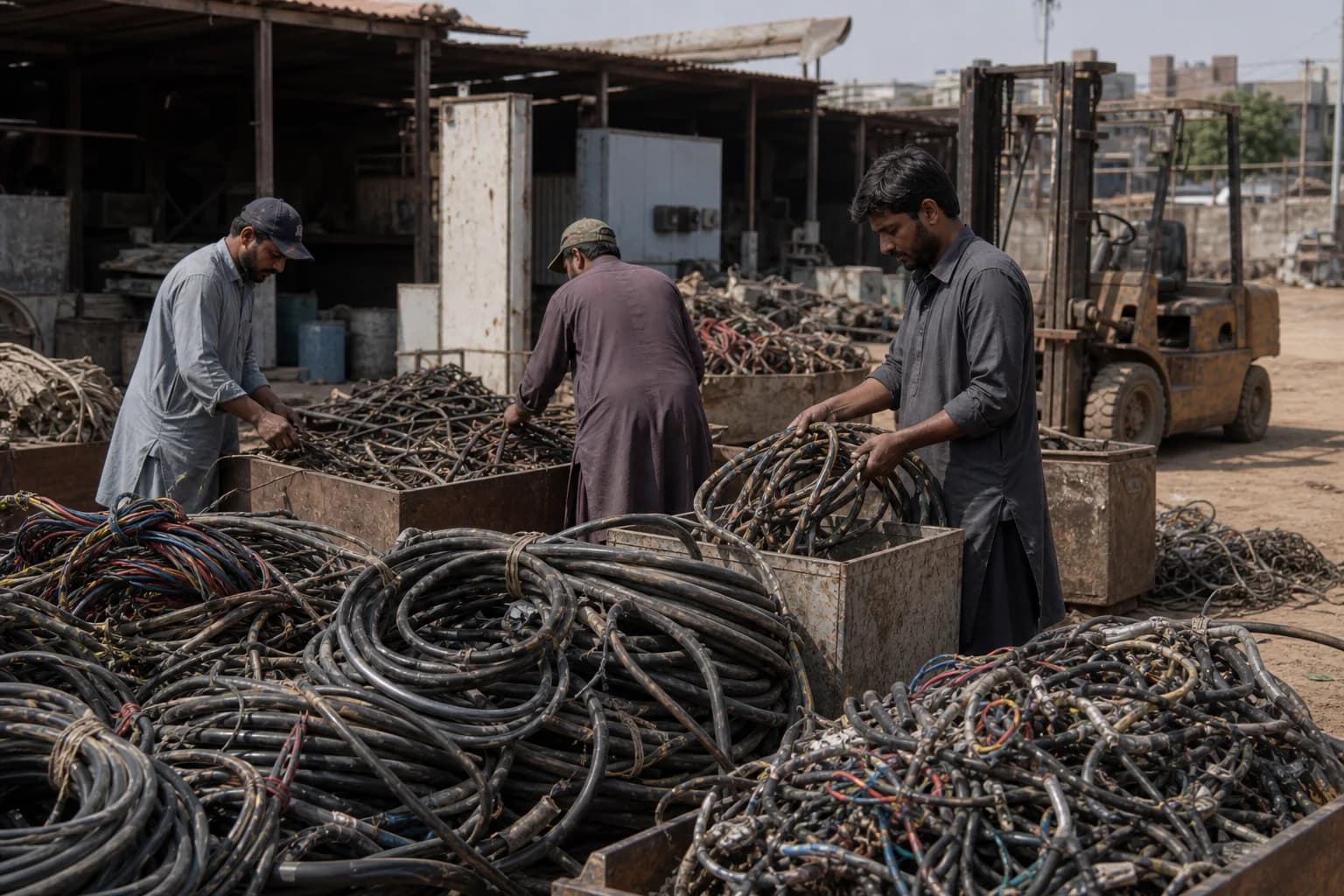 Illustrative scene of insulated and armoured cable grouped in a modest Karachi scrap yard
