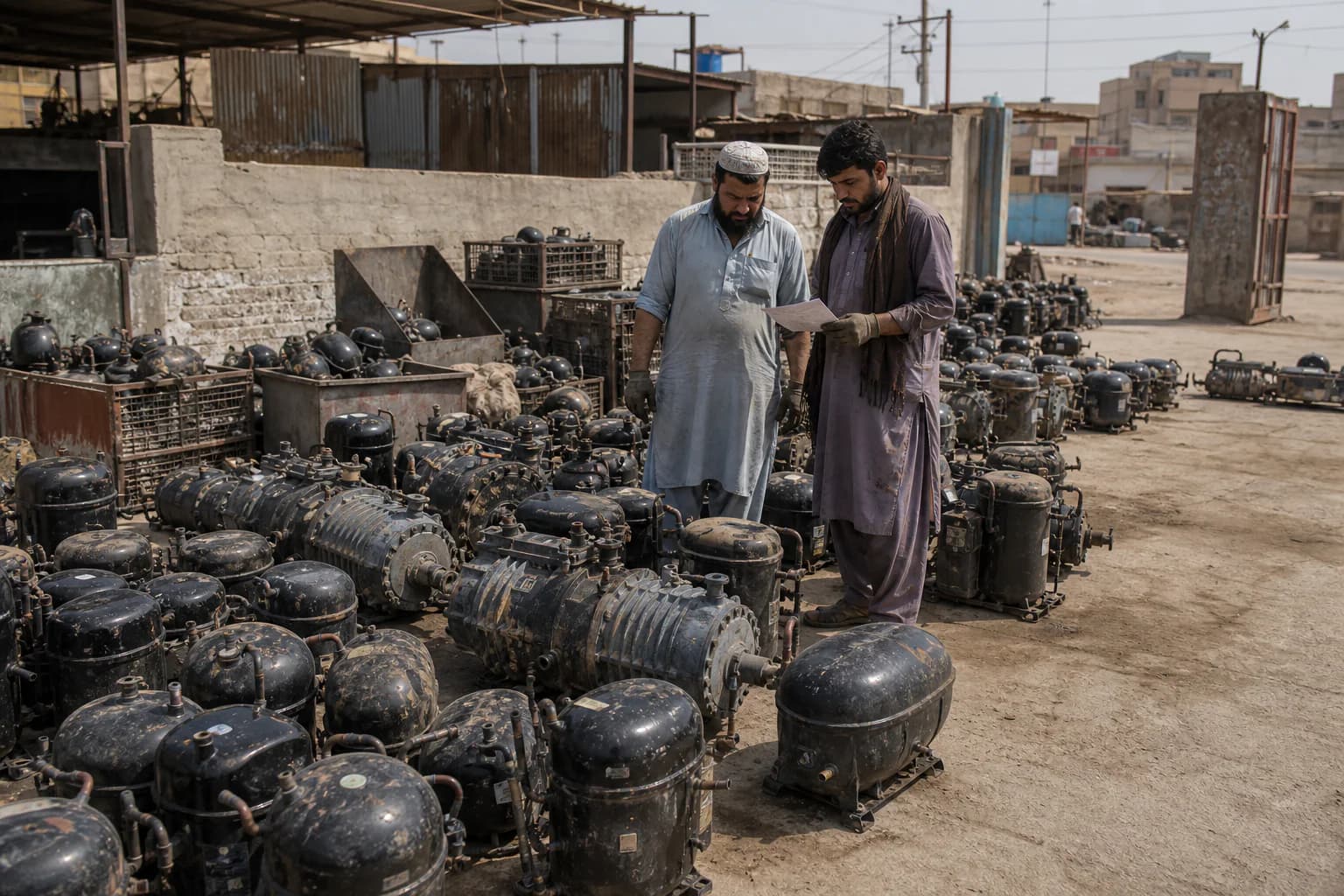 Illustrative scene of used refrigeration compressors grouped in a modest Karachi scrap yard