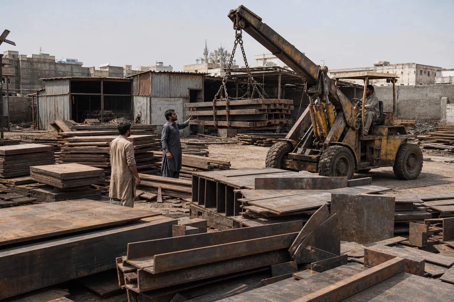 Illustrative scene of HMS plate and structural scrap stacked in a conventional Pakistani yard