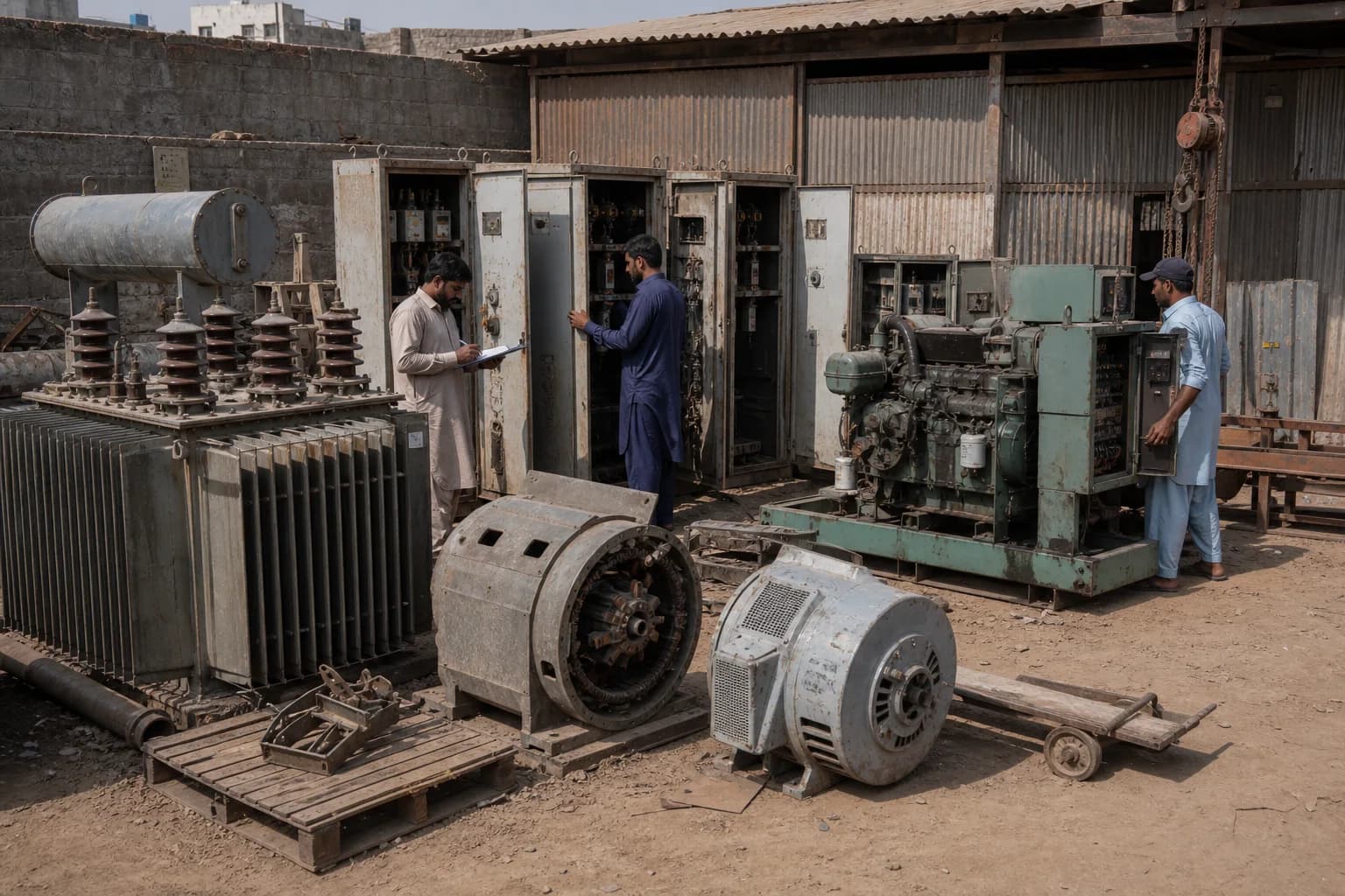 Illustrative scene of transformers, generators and switchgear staged in a conventional Pakistani industrial yard