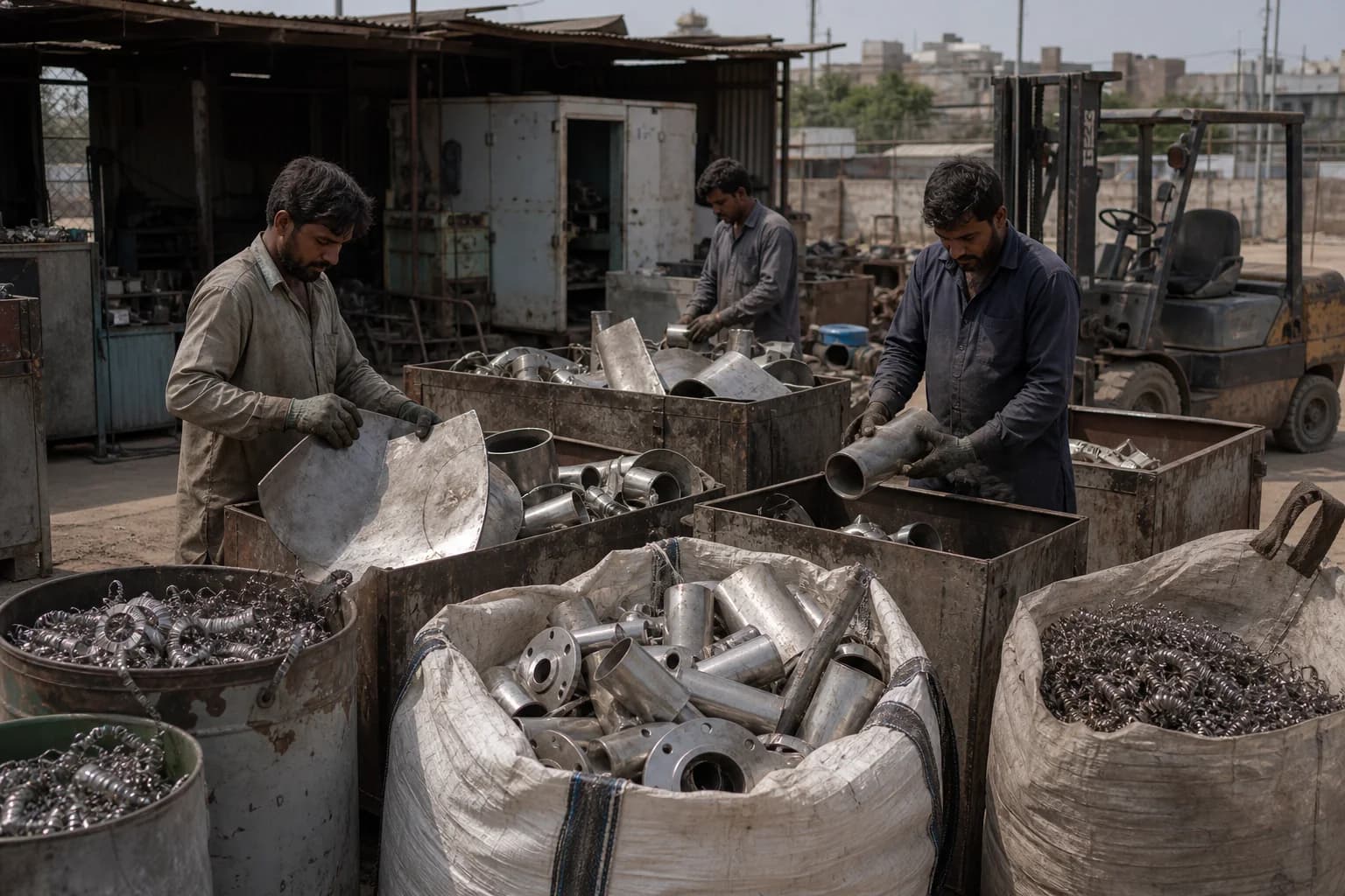 Illustrative scene of stainless pipe, sheet offcuts and turnings sorted in a modest Karachi industrial yard