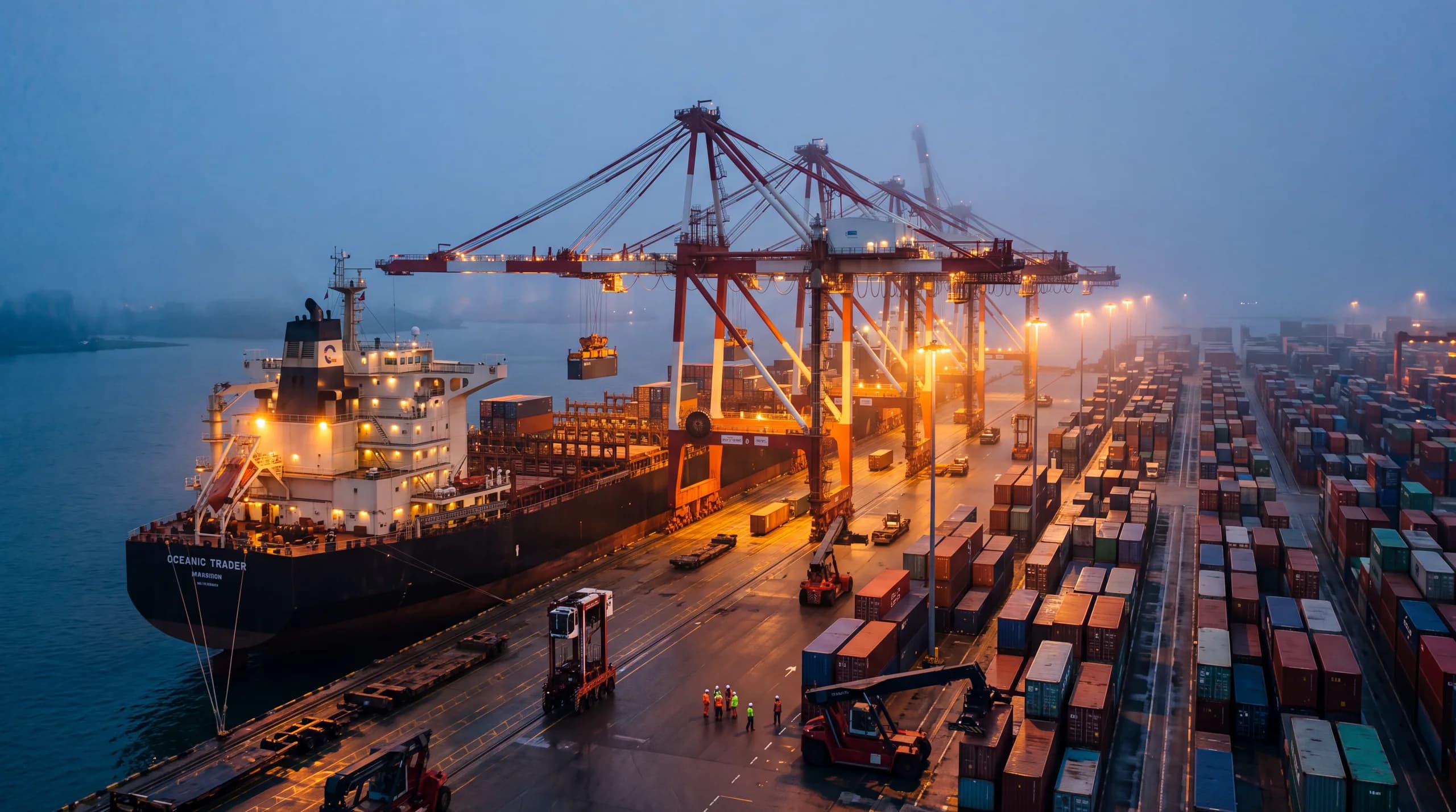 Container terminal at dusk with a bulk carrier and gantry cranes visible — illustrative of international commodity shipping, not a Bergent-operated facility