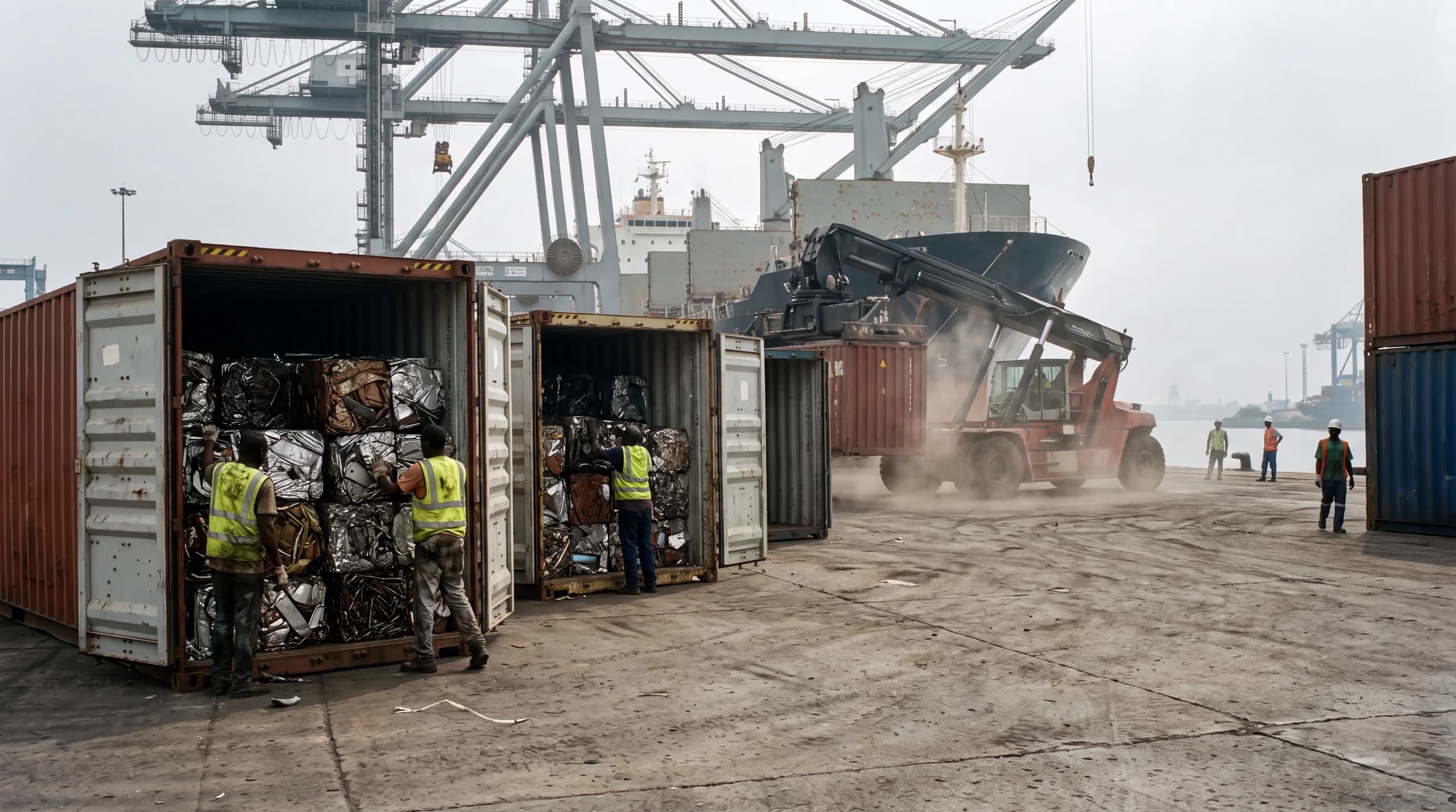 Open shipping containers being stuffed with baled scrap metal on a quayside, with a reach stacker and a berthed cargo vessel under gantry cranes behind